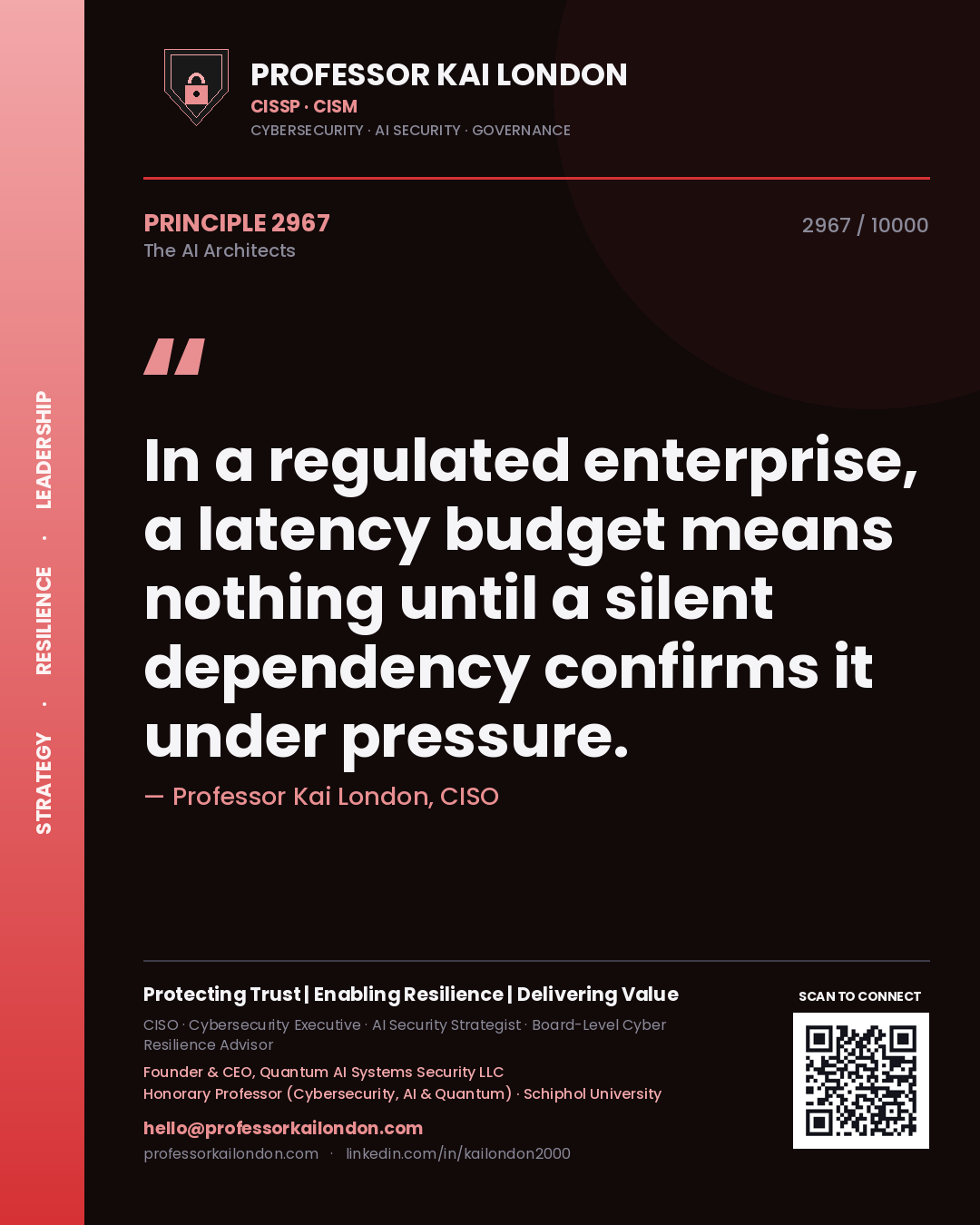 Quote card by Professor Kai London reading 'In a regulated enterprise, a latency budget means nothing until a silent dependency confirms it under pressure.'. From the book The AI Architects.