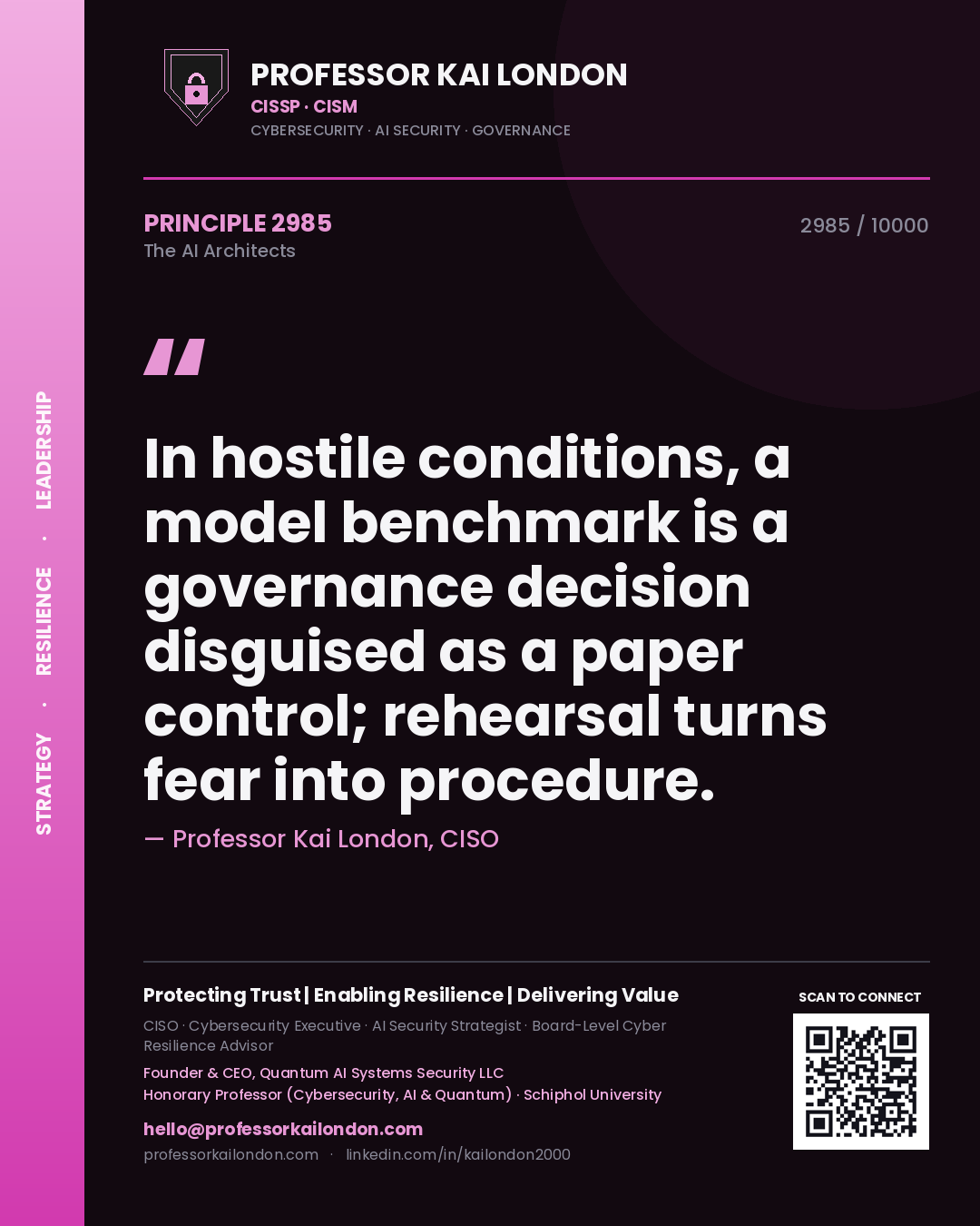 Professor Kai London principle 2985: In hostile conditions, a model benchmark is a governance decision disguised as a paper control; rehearsal turns fear into procedure.
