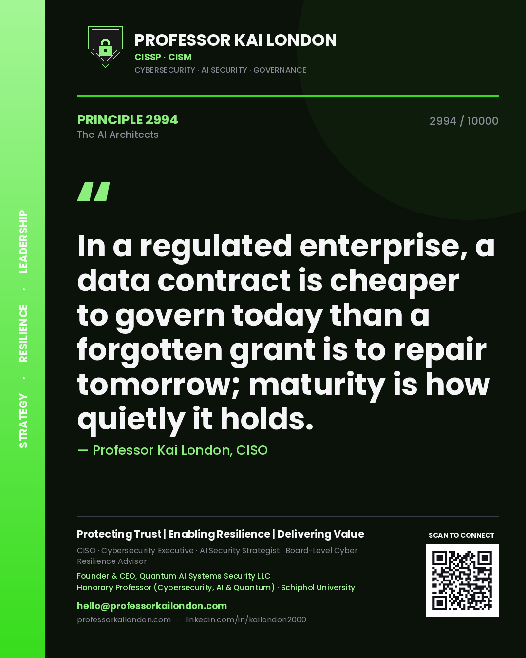 Professor Kai London principle 2994: In a regulated enterprise, a data contract is cheaper to govern today than a forgotten grant is to repair tomorrow; maturity is how quietly it holds.