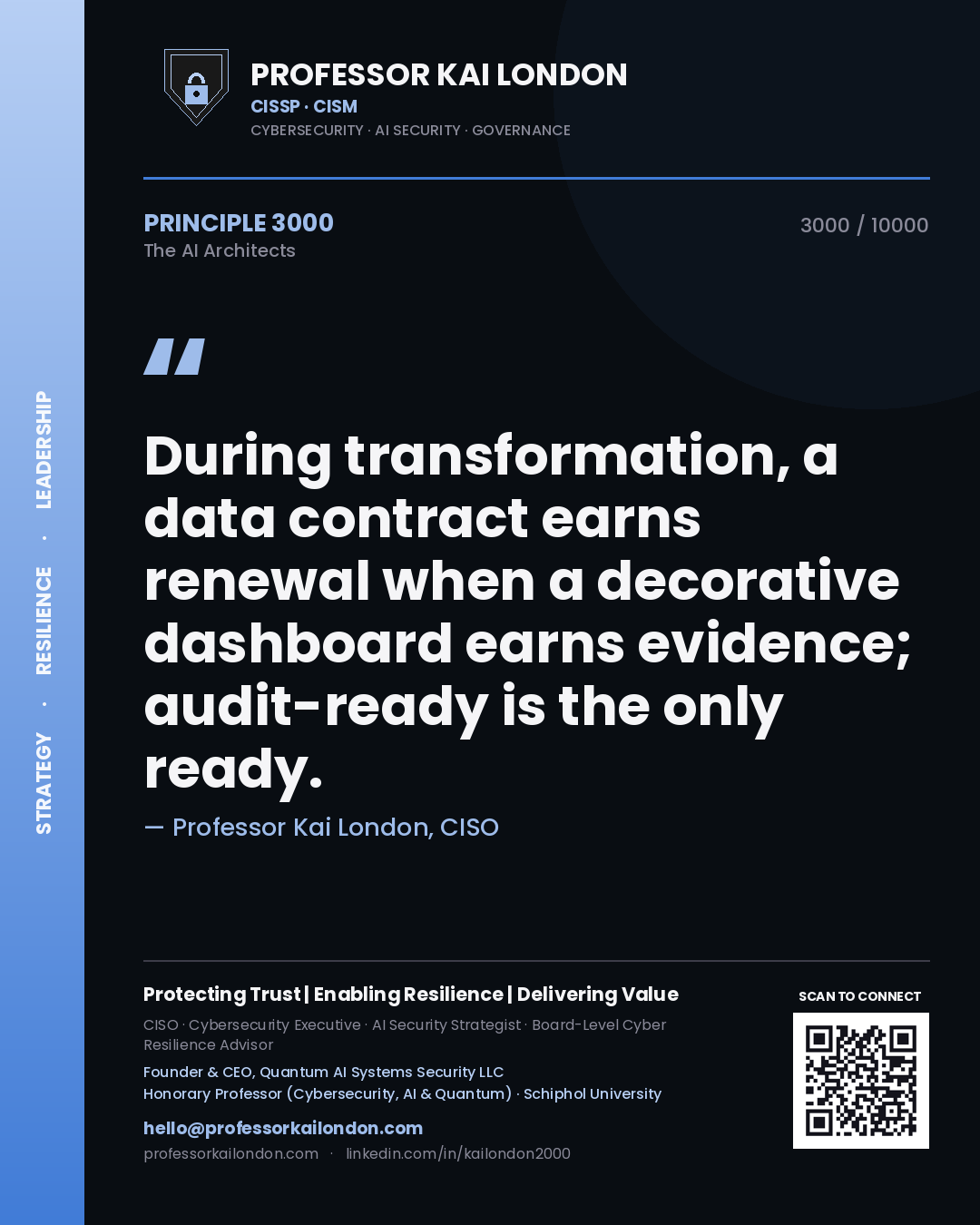 Professor Kai London principle 3000: During transformation, a data contract earns renewal when a decorative dashboard earns evidence; audit-ready is the only ready.