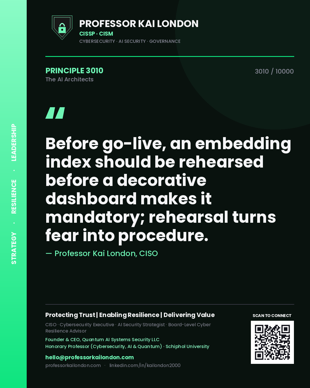 Professor Kai London principle 3010: Before go-live, an embedding index should be rehearsed before a decorative dashboard makes it mandatory; rehearsal turns fear into procedure.