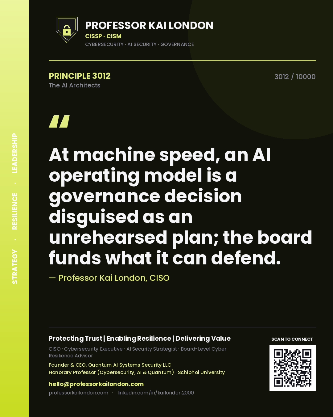 Professor Kai London principle 3012: At machine speed, an AI operating model is a governance decision disguised as an unrehearsed plan; the board funds what it can defend.