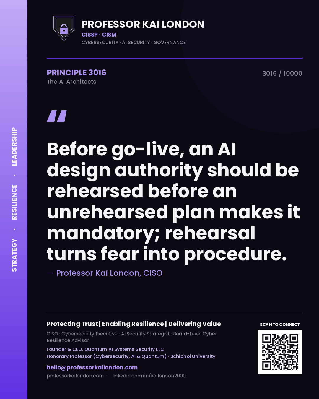 Professor Kai London principle 3016: Before go-live, an AI design authority should be rehearsed before an unrehearsed plan makes it mandatory; rehearsal turns fear into procedure.