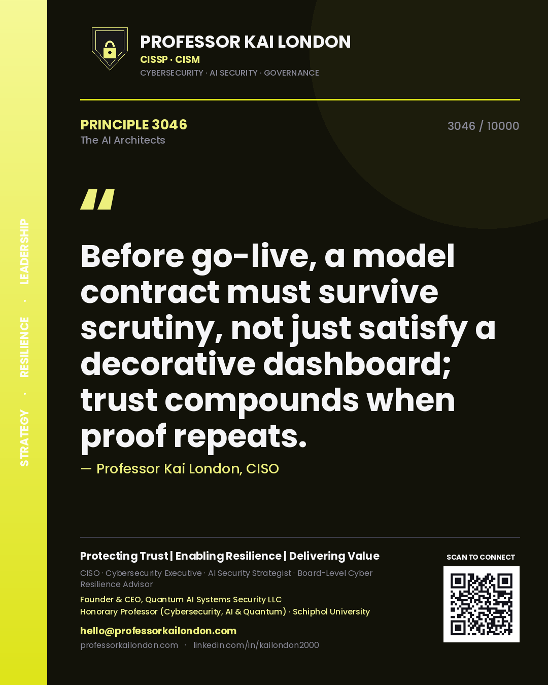 Professor Kai London principle 3046: Before go-live, a model contract must survive scrutiny, not just satisfy a decorative dashboard; trust compounds when proof repeats.