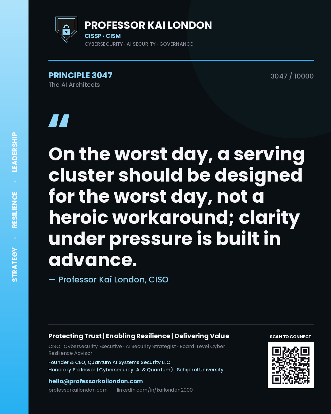 Professor Kai London principle 3047: On the worst day, a serving cluster should be designed for the worst day, not a heroic workaround; clarity under pressure is built in advance.