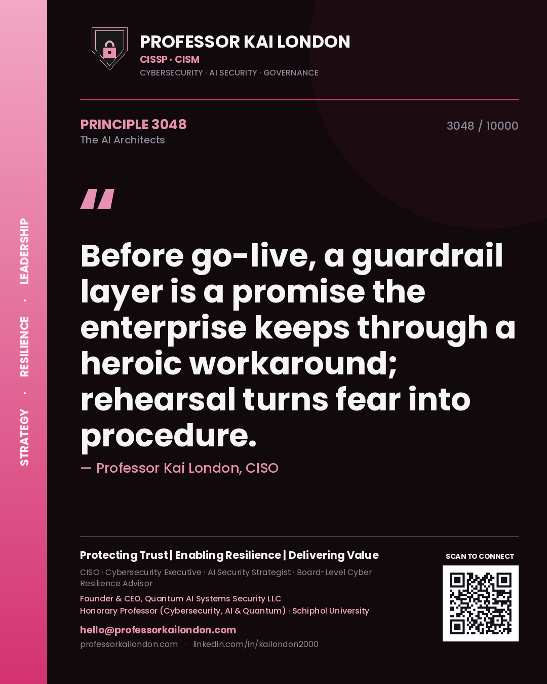 Professor Kai London principle 3048: Before go-live, a guardrail layer is a promise the enterprise keeps through a heroic workaround; rehearsal turns fear into procedure.