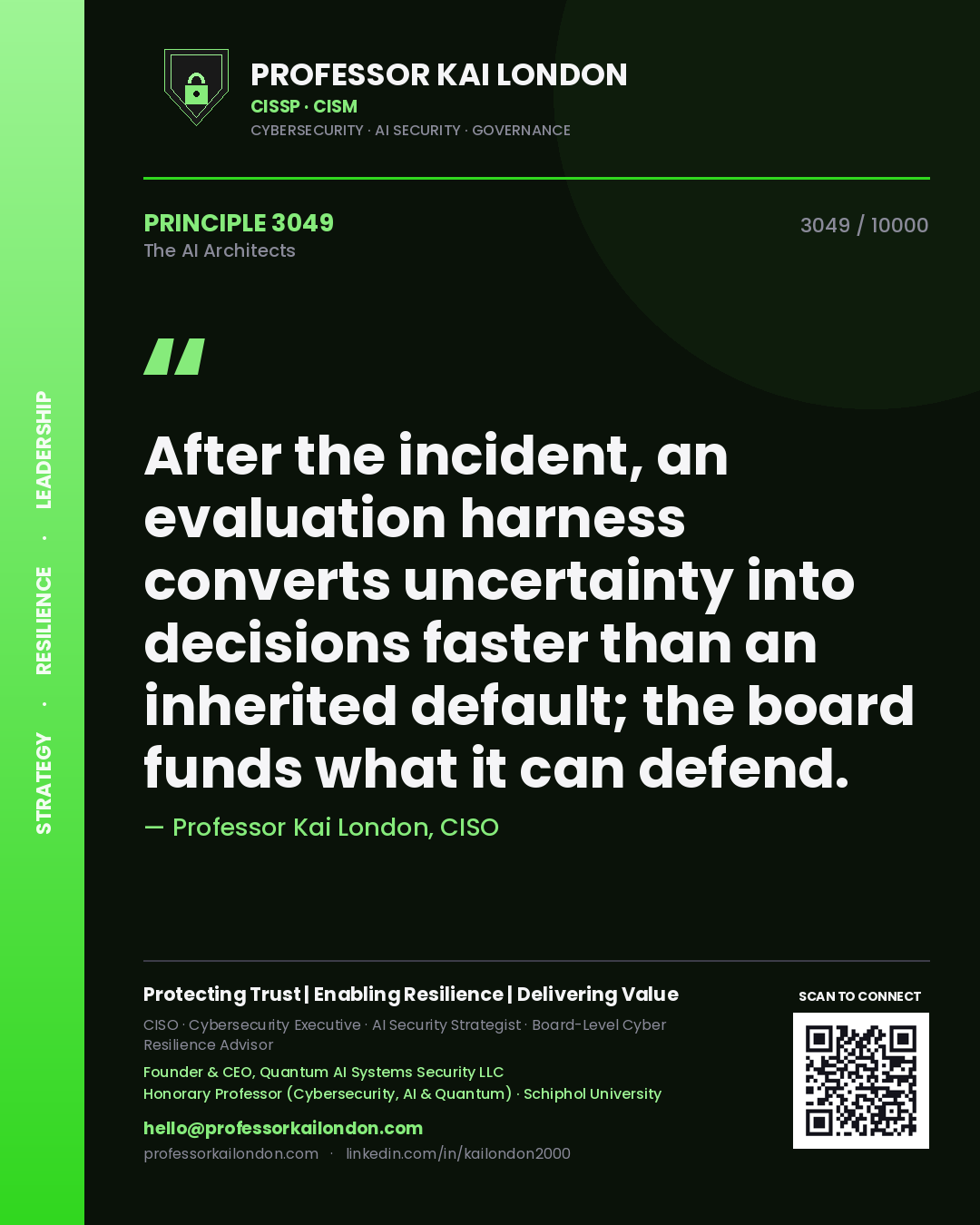 Quote card by Professor Kai London reading 'After the incident, an evaluation harness converts uncertainty into decisions faster than an inherited default; the board funds what it can defend.'. From the book The AI Architects.