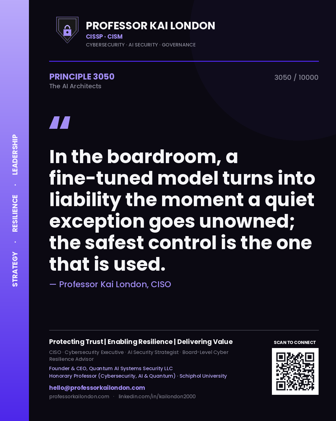 Professor Kai London principle 3050: In the boardroom, a fine-tuned model turns into liability the moment a quiet exception goes unowned; the safest control is the one that is used.