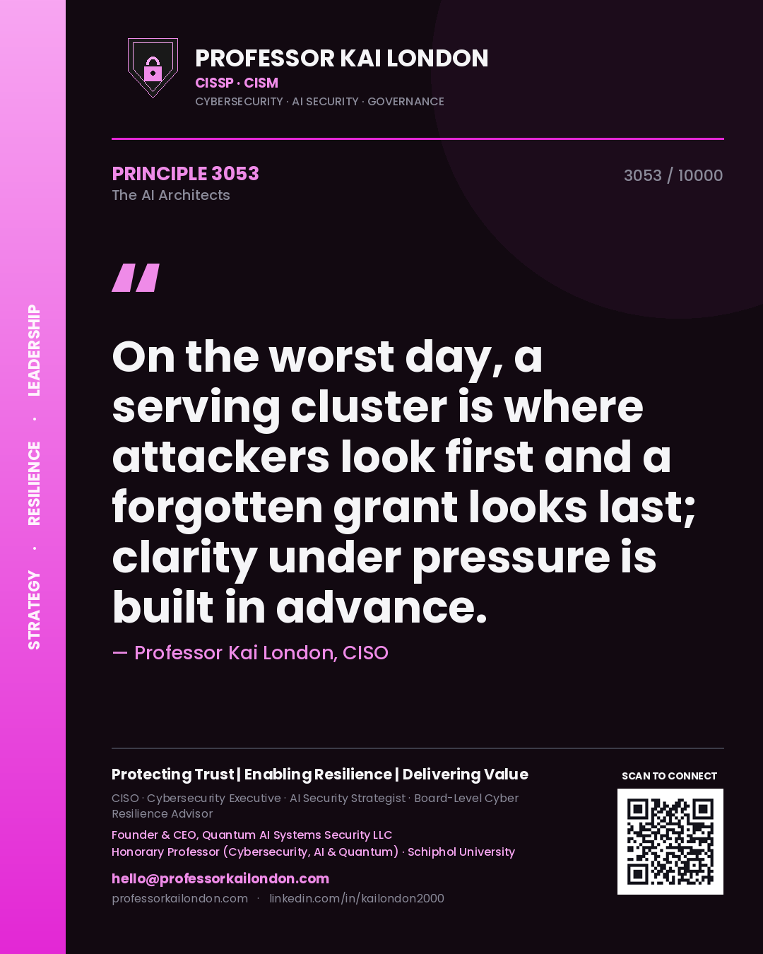 Professor Kai London principle 3053: On the worst day, a serving cluster is where attackers look first and a forgotten grant looks last; clarity under pressure is built in advance.
