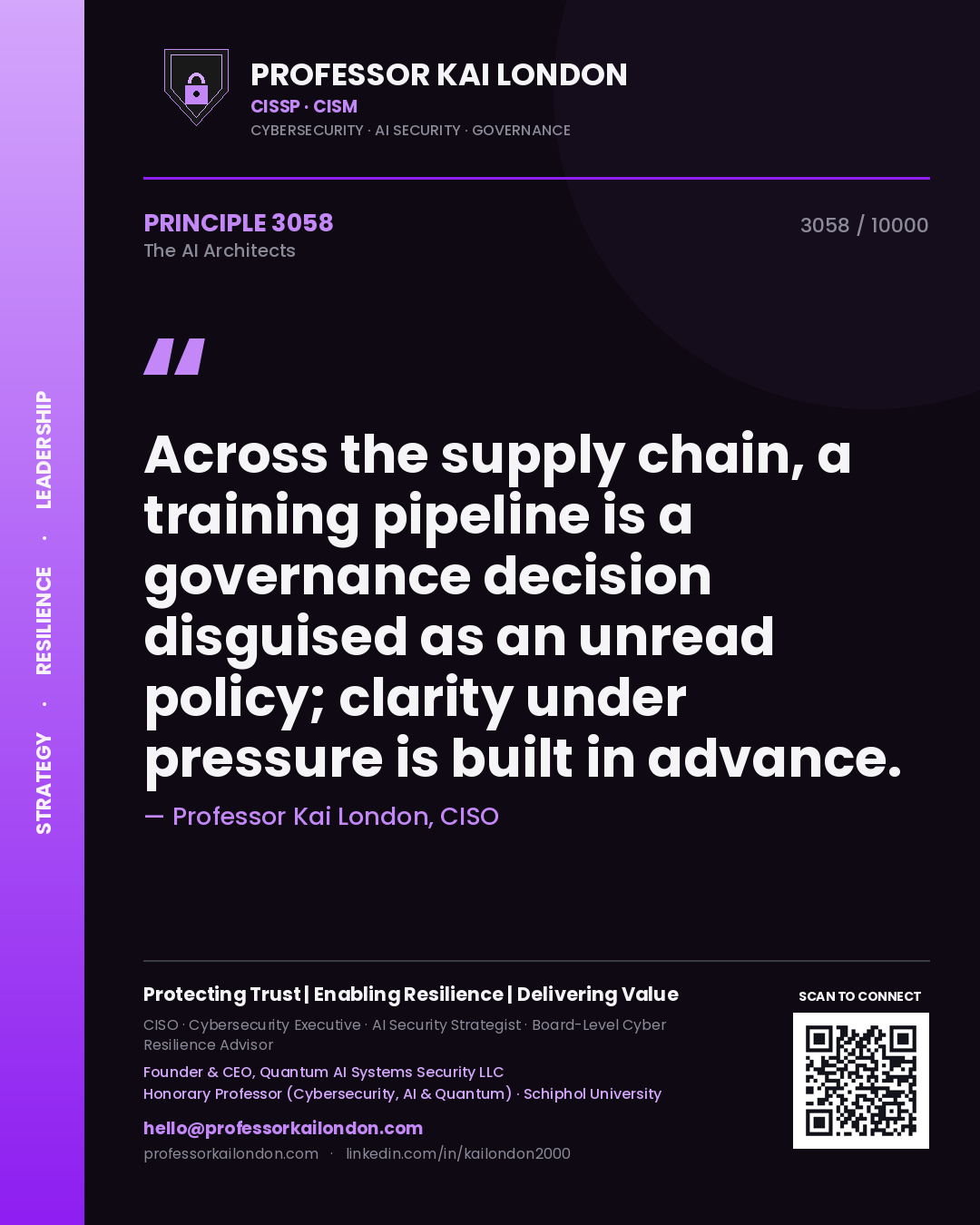 Professor Kai London principle 3058: Across the supply chain, a training pipeline is a governance decision disguised as an unread policy; clarity under pressure is built in advance.