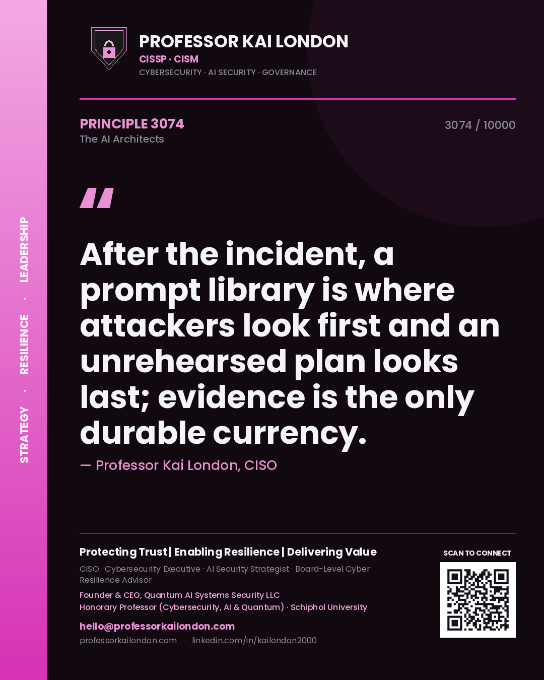Quote card by Professor Kai London reading 'After the incident, a prompt library is where attackers look first and an unrehearsed plan looks last; evidence is the only durable currency.'. From the book The AI Architects.