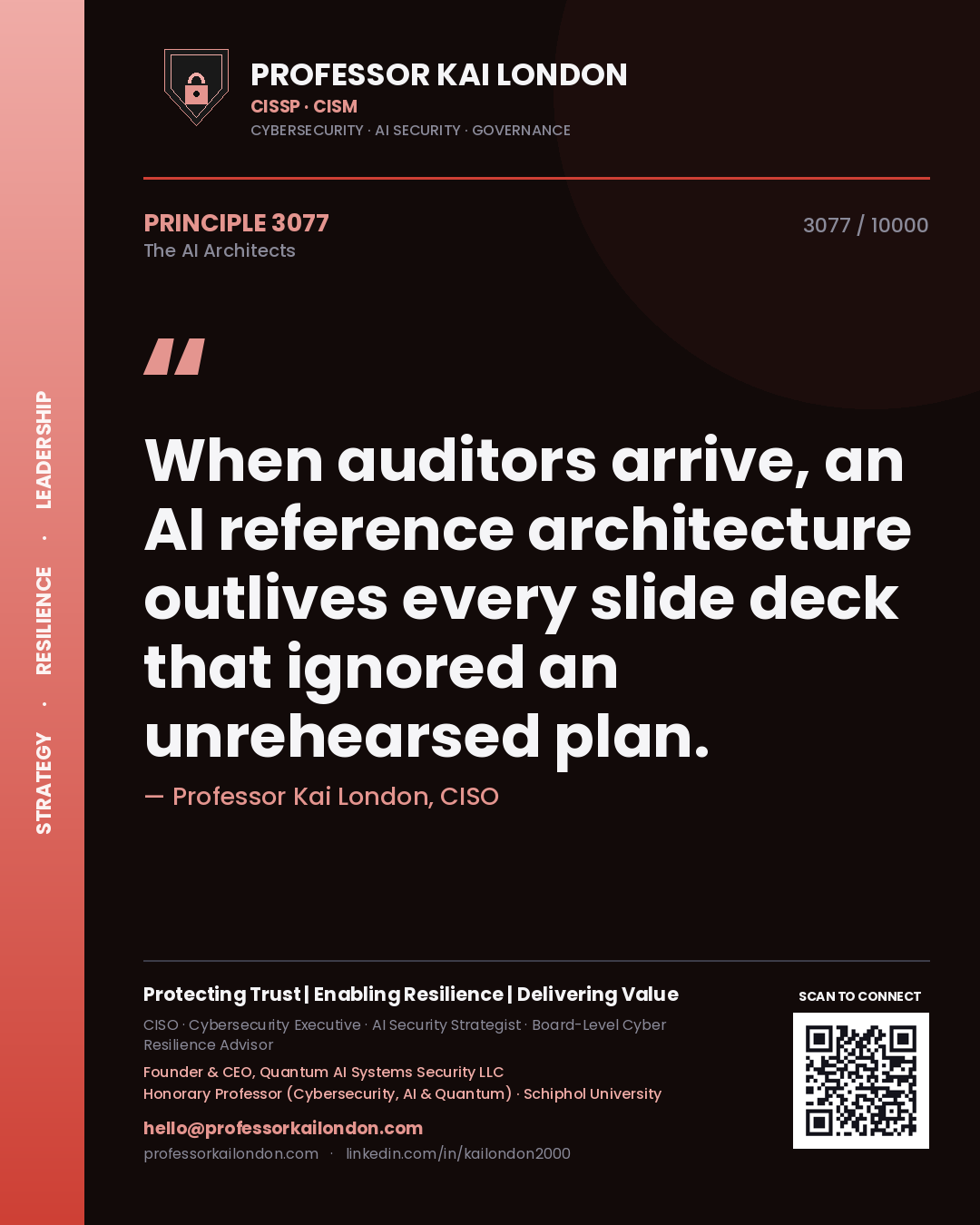 Professor Kai London principle 3077: When auditors arrive, an AI reference architecture outlives every slide deck that ignored an unrehearsed plan.