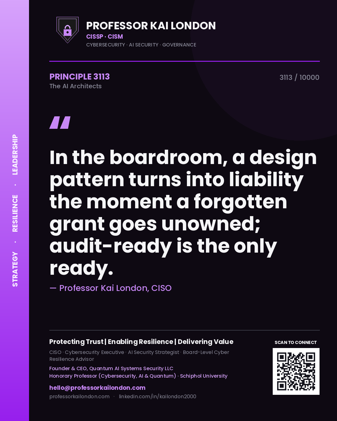 Quote card by Professor Kai London reading 'In the boardroom, a design pattern turns into liability the moment a forgotten grant goes unowned; audit-ready is the only ready.'. From the book The AI Architects.