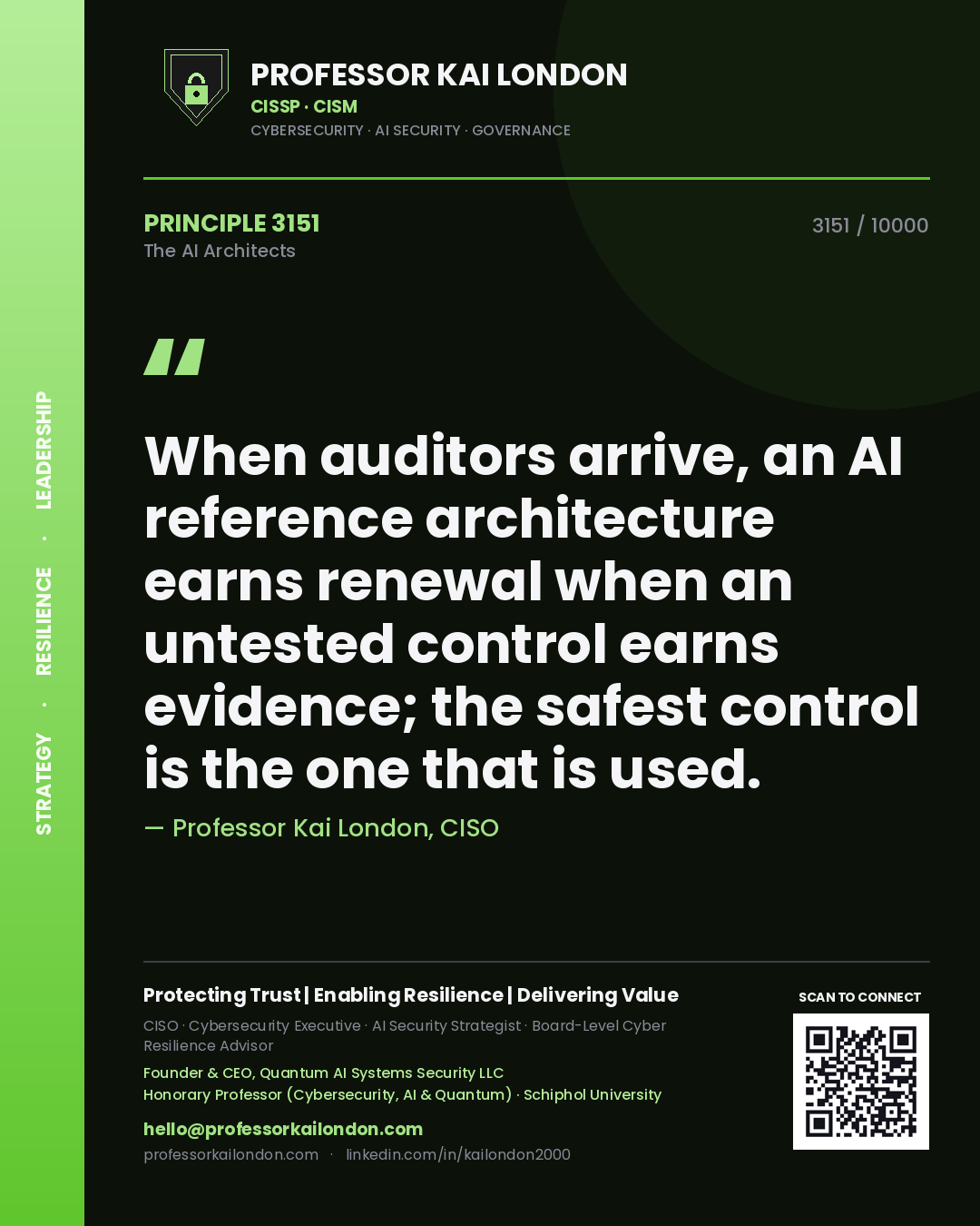 Professor Kai London principle 3151: When auditors arrive, an AI reference architecture earns renewal when an untested control earns evidence; the safest control is the one that is used.