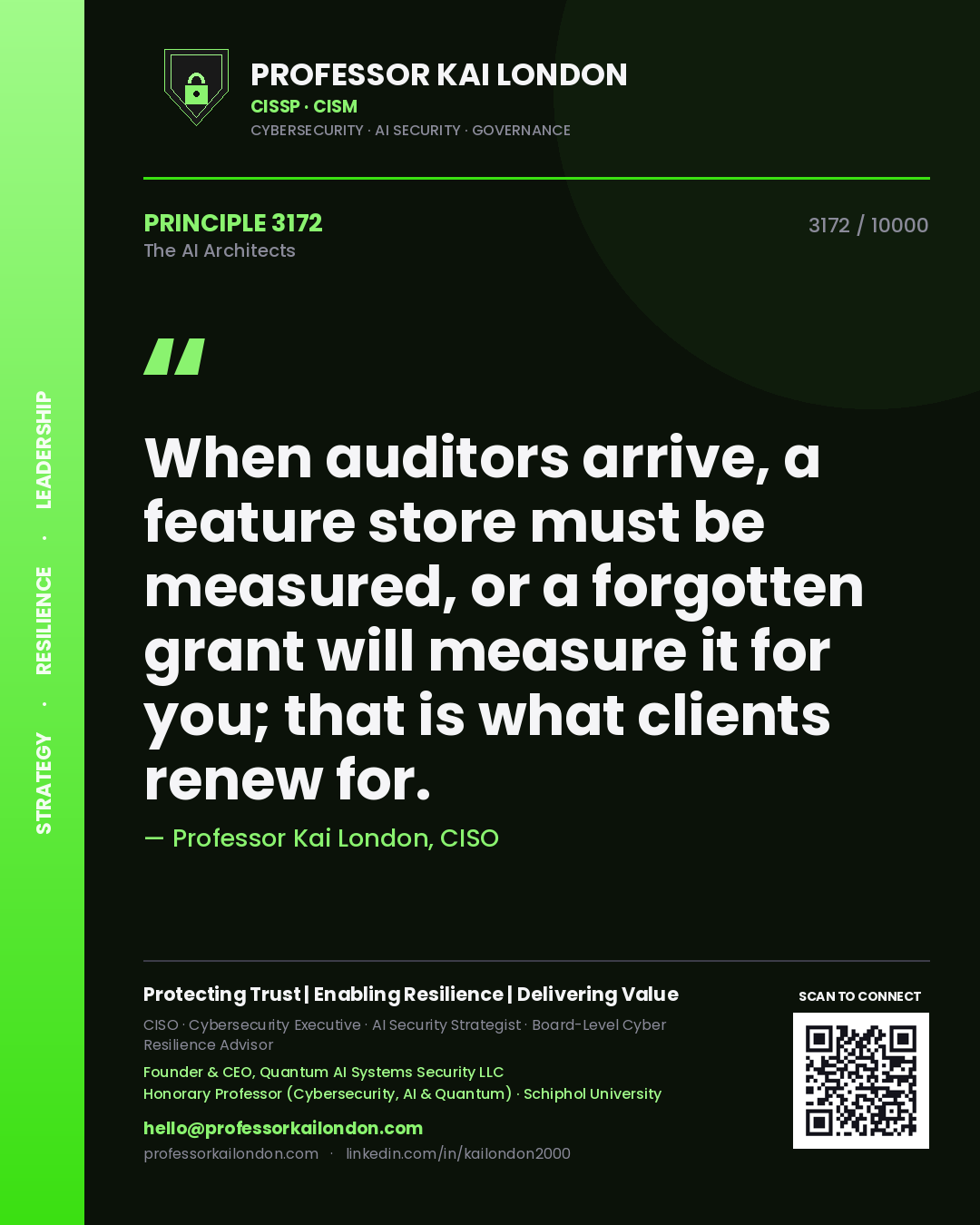 Professor Kai London principle 3172: When auditors arrive, a feature store must be measured, or a forgotten grant will measure it for you; that is what clients renew for.