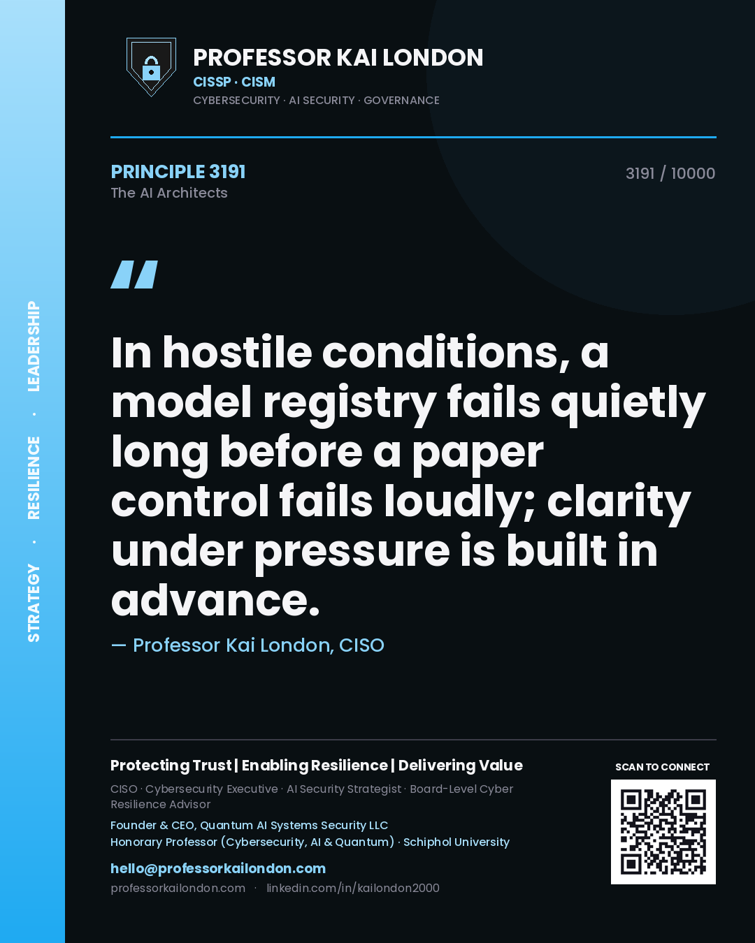 Quote card by Professor Kai London reading 'In hostile conditions, a model registry fails quietly long before a paper control fails loudly; clarity under pressure is built in advance.'. From the book The AI Architects.