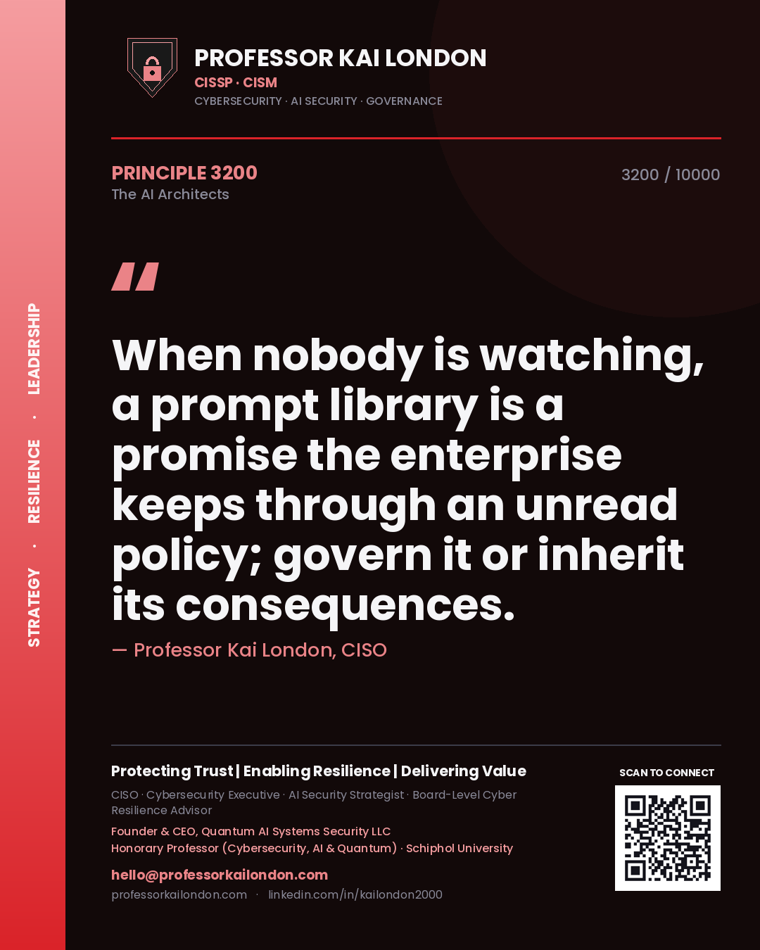 Professor Kai London principle 3200: When nobody is watching, a prompt library is a promise the enterprise keeps through an unread policy; govern it or inherit its consequences.