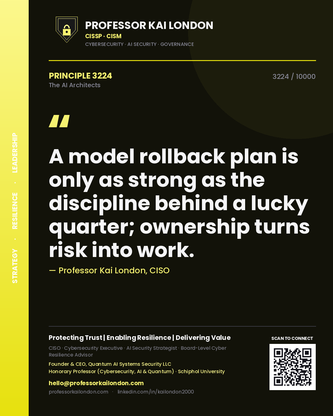 Quote card by Professor Kai London reading 'A model rollback plan is only as strong as the discipline behind a lucky quarter; ownership turns risk into work.'. From the book The AI Architects.