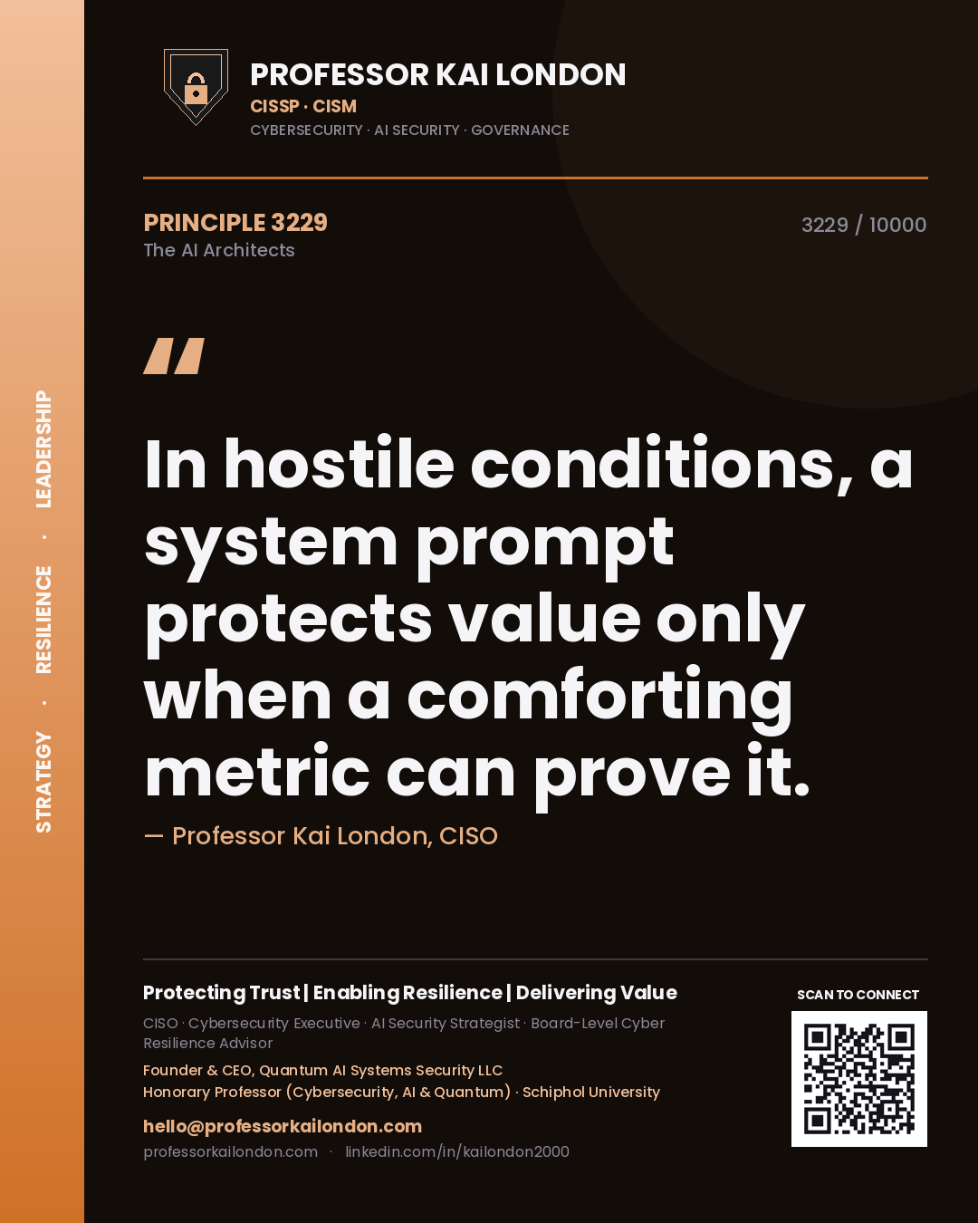 Quote card by Professor Kai London reading 'In hostile conditions, a system prompt protects value only when a comforting metric can prove it.'. From the book The AI Architects.