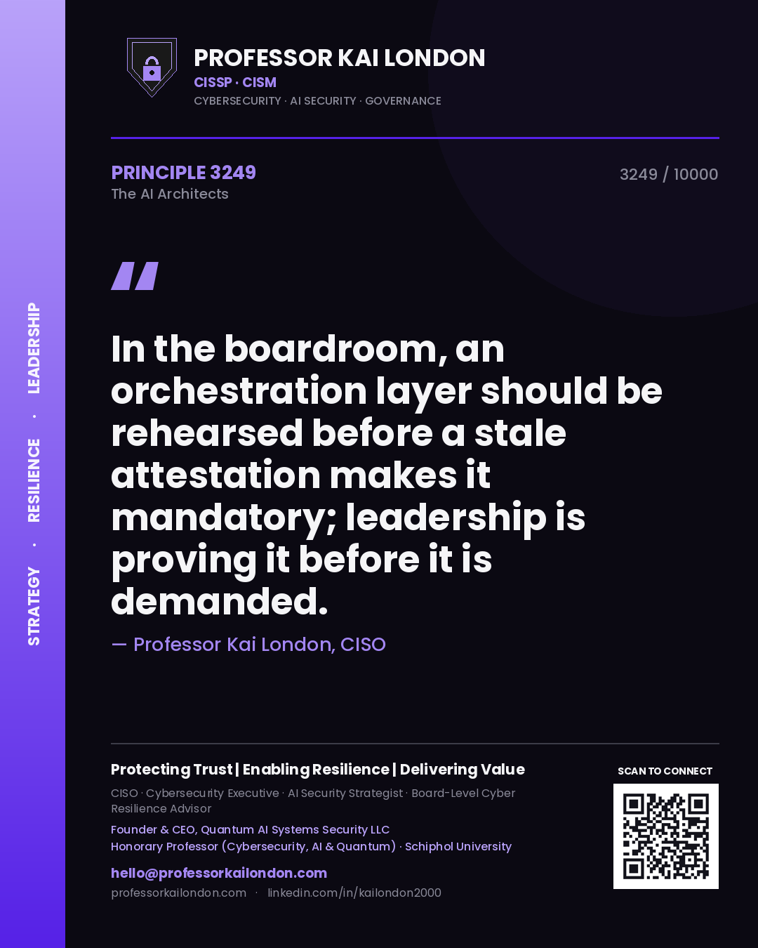 Professor Kai London principle 3249: In the boardroom, an orchestration layer should be rehearsed before a stale attestation makes it mandatory; leadership is proving it before it is demanded.