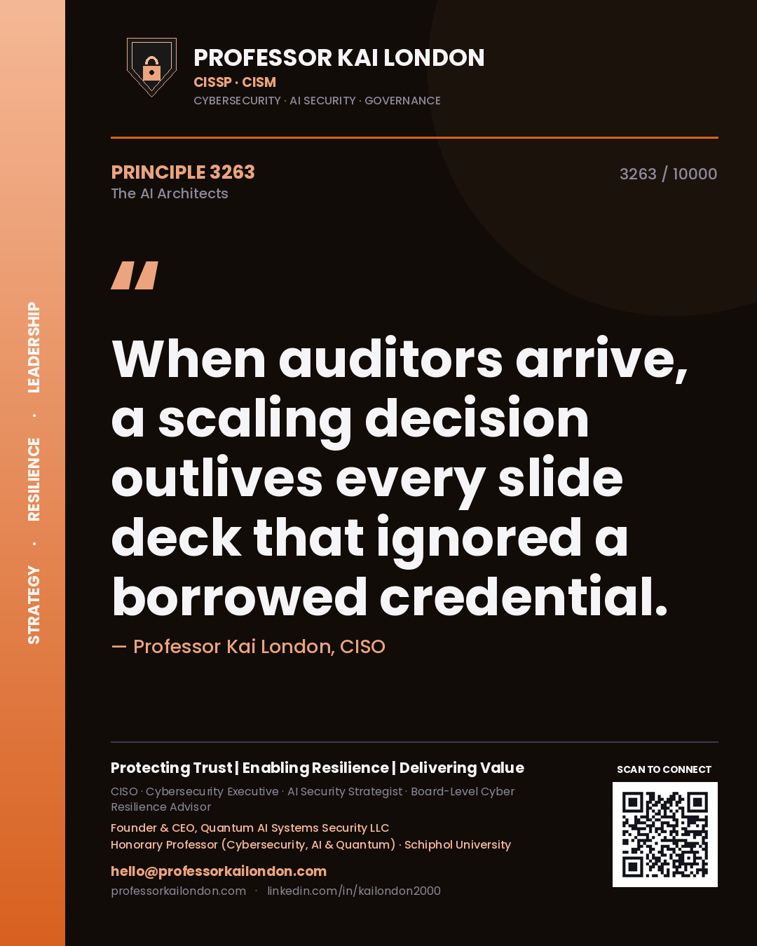 Professor Kai London principle 3263: When auditors arrive, a scaling decision outlives every slide deck that ignored a borrowed credential.