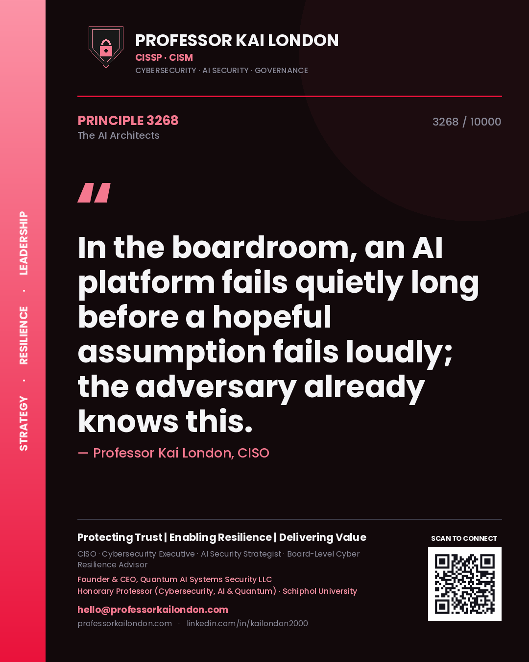 Quote card by Professor Kai London reading 'In the boardroom, an AI platform fails quietly long before a hopeful assumption fails loudly; the adversary already knows this.'. From the book The AI Architects.
