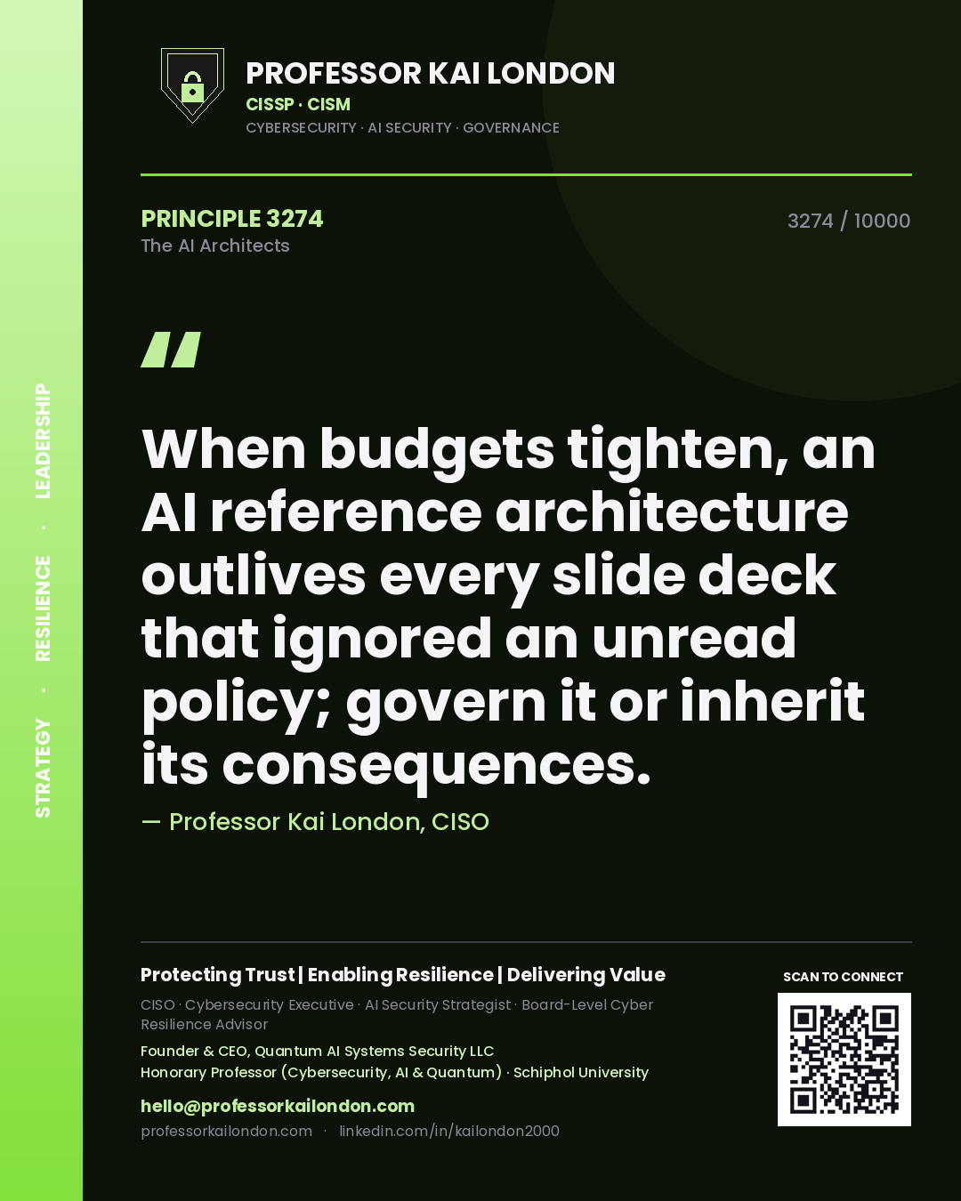 Quote card by Professor Kai London reading 'When budgets tighten, an AI reference architecture outlives every slide deck that ignored an unread policy; govern it or inherit its consequences.'. From the book The AI Architects.