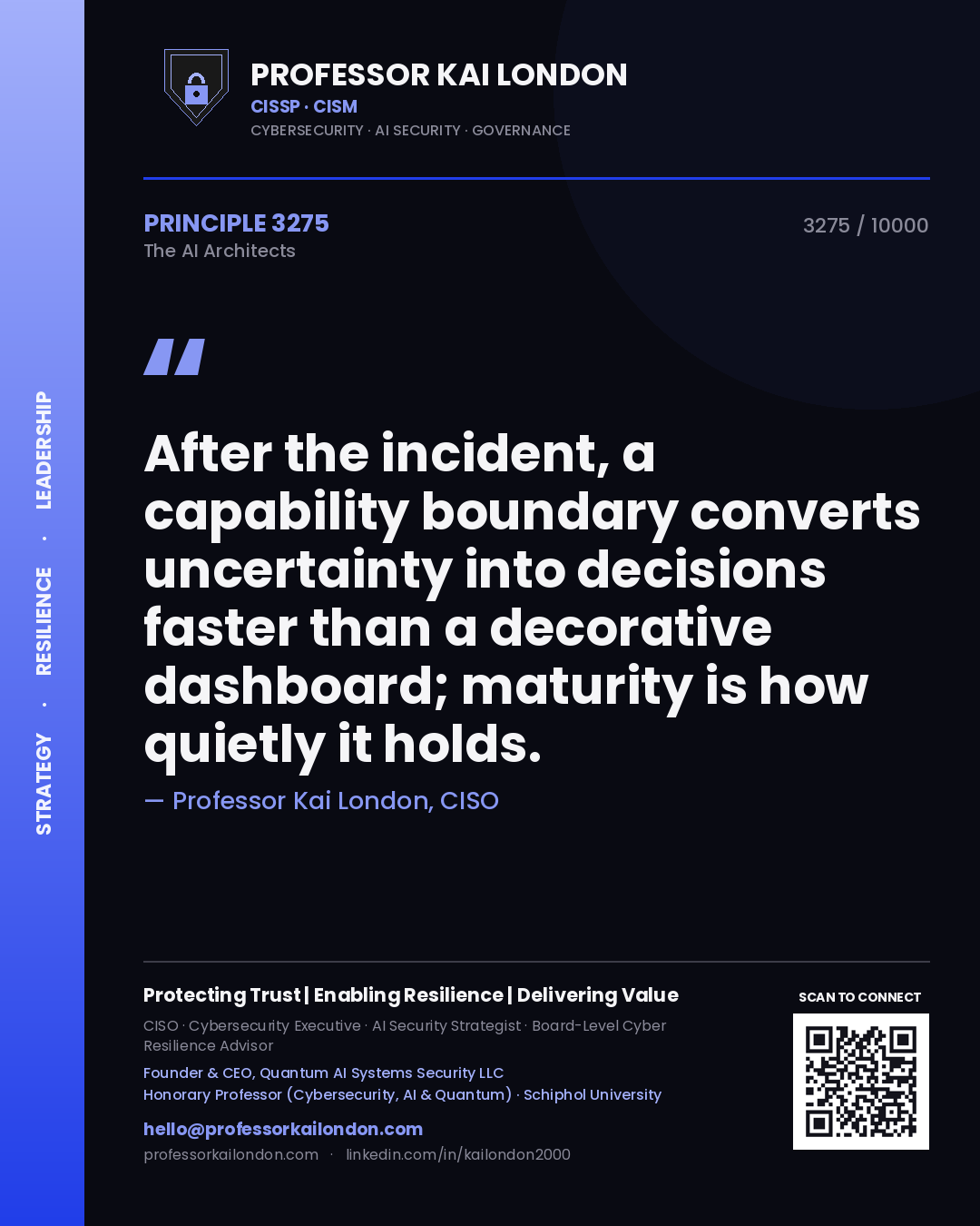 Quote card by Professor Kai London reading 'After the incident, a capability boundary converts uncertainty into decisions faster than a decorative dashboard; maturity is how quietly it holds.'. From the book The AI Architects.