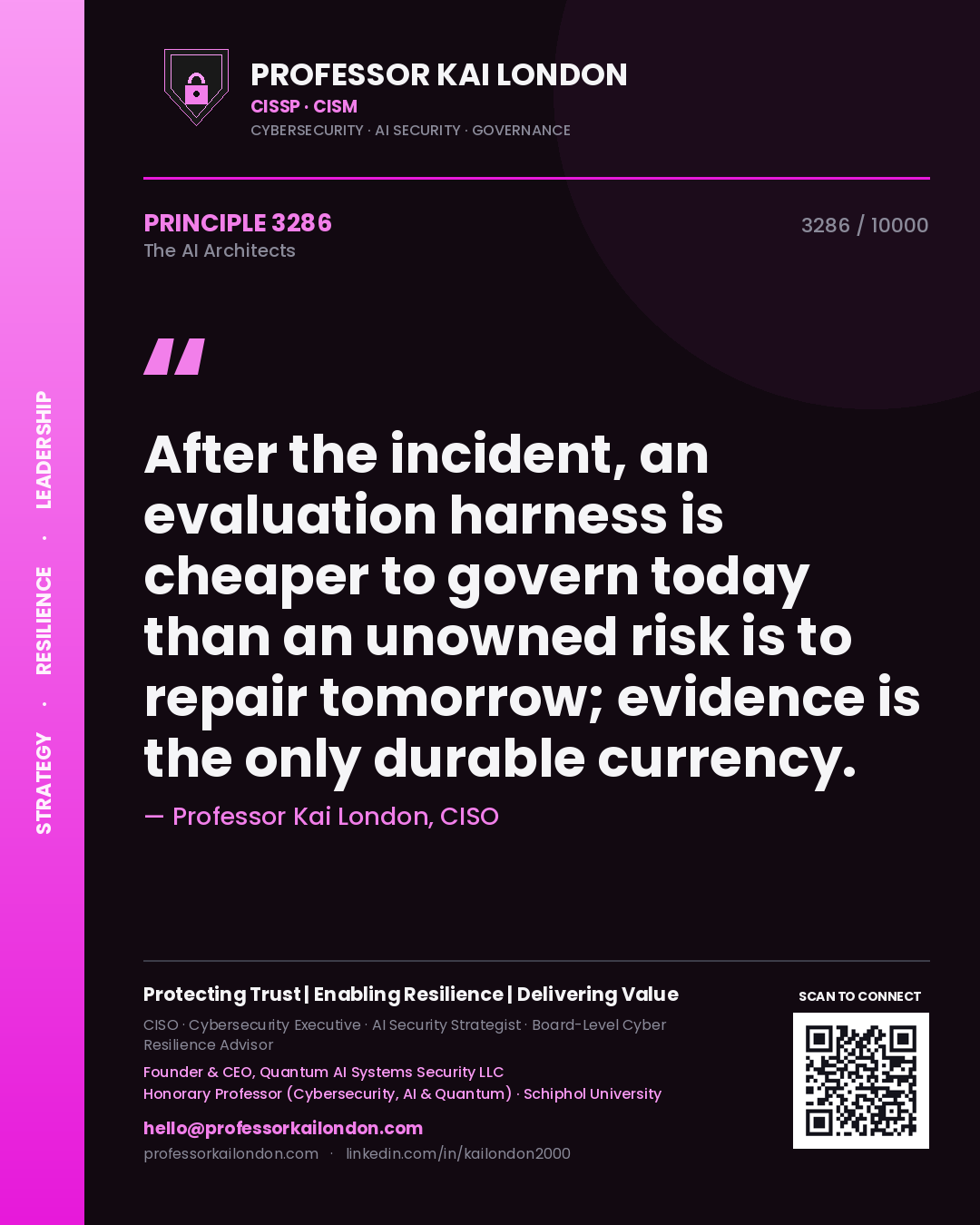 Quote card by Professor Kai London reading 'After the incident, an evaluation harness is cheaper to govern today than an unowned risk is to repair tomorrow; evidence is the only durable currency.'. From the book The AI Architects.