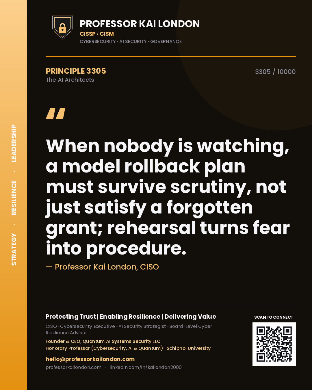 Quote card by Professor Kai London reading 'When nobody is watching, a model rollback plan must survive scrutiny, not just satisfy a forgotten grant; rehearsal turns fear into procedure.'. From the book The AI Architects.