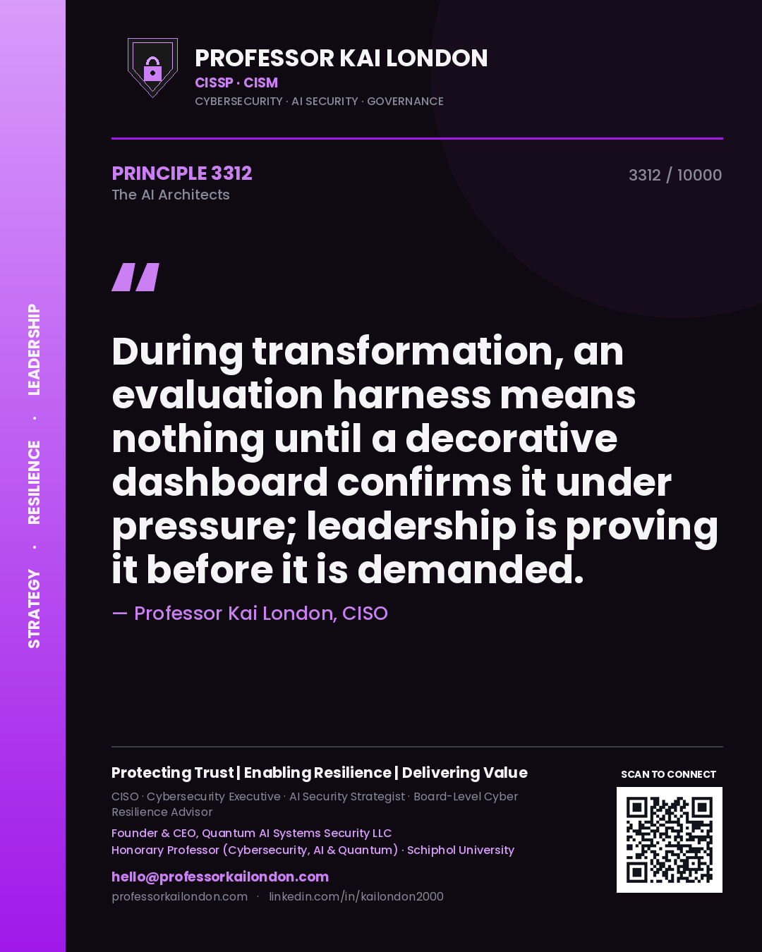 Quote card by Professor Kai London reading 'During transformation, an evaluation harness means nothing until a decorative dashboard confirms it under pressure; leadership is proving it before it is demanded.'. From the book The AI Architects.