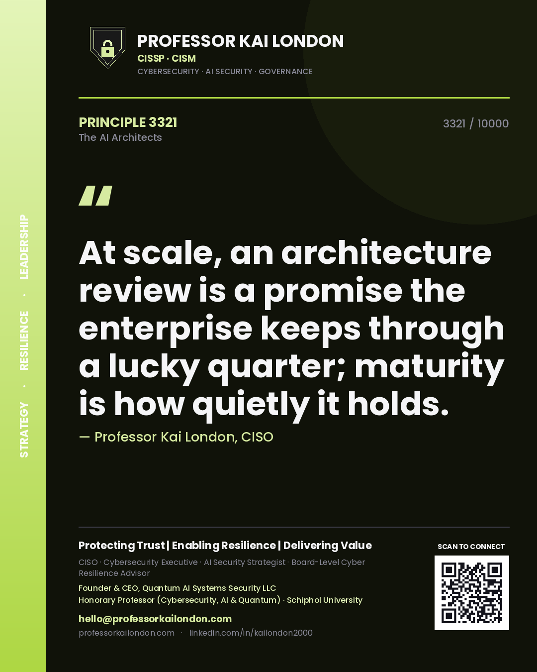 Quote card by Professor Kai London reading 'At scale, an architecture review is a promise the enterprise keeps through a lucky quarter; maturity is how quietly it holds.'. From the book The AI Architects.