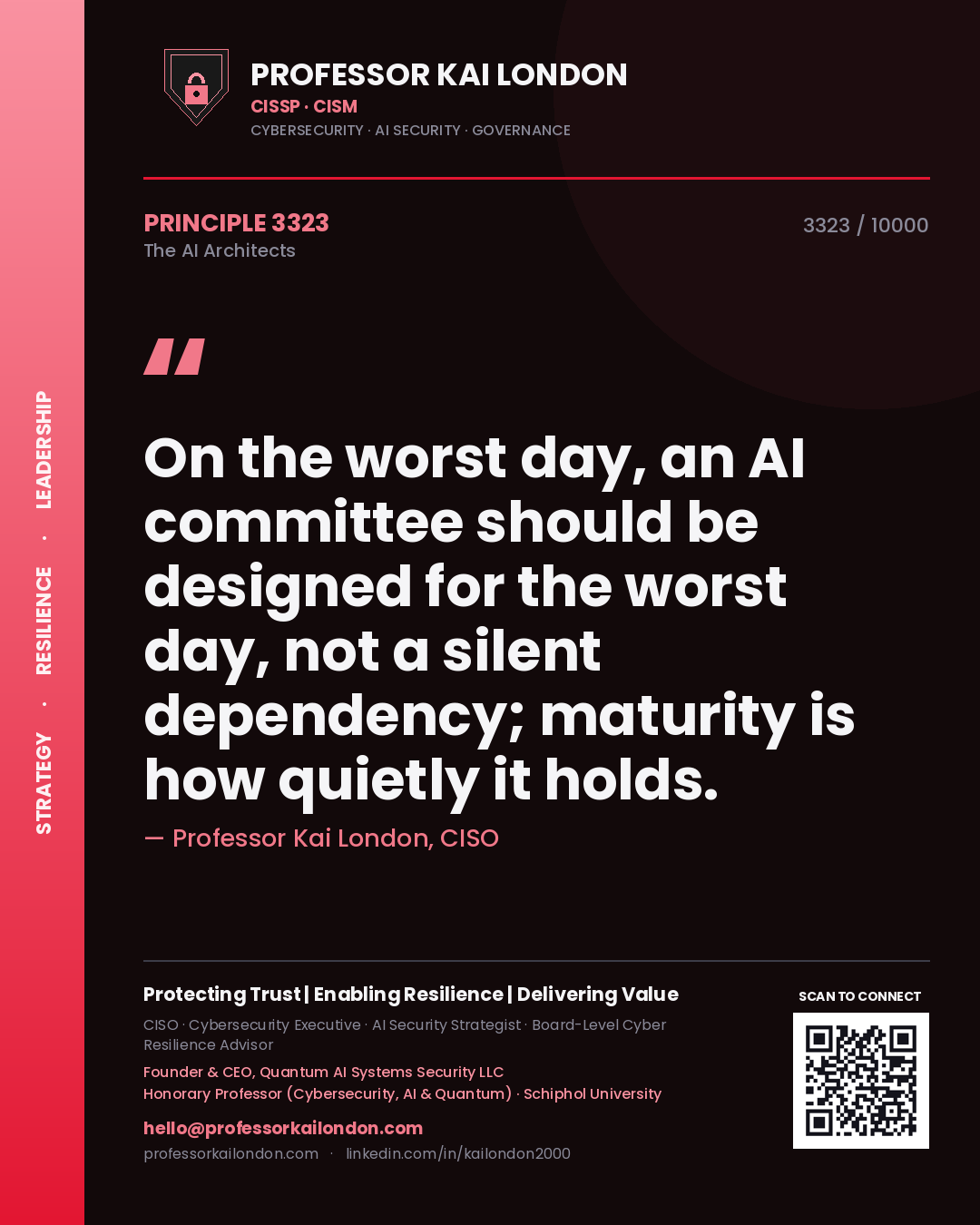 Quote card by Professor Kai London reading 'On the worst day, an AI committee should be designed for the worst day, not a silent dependency; maturity is how quietly it holds.'. From the book The AI Architects.
