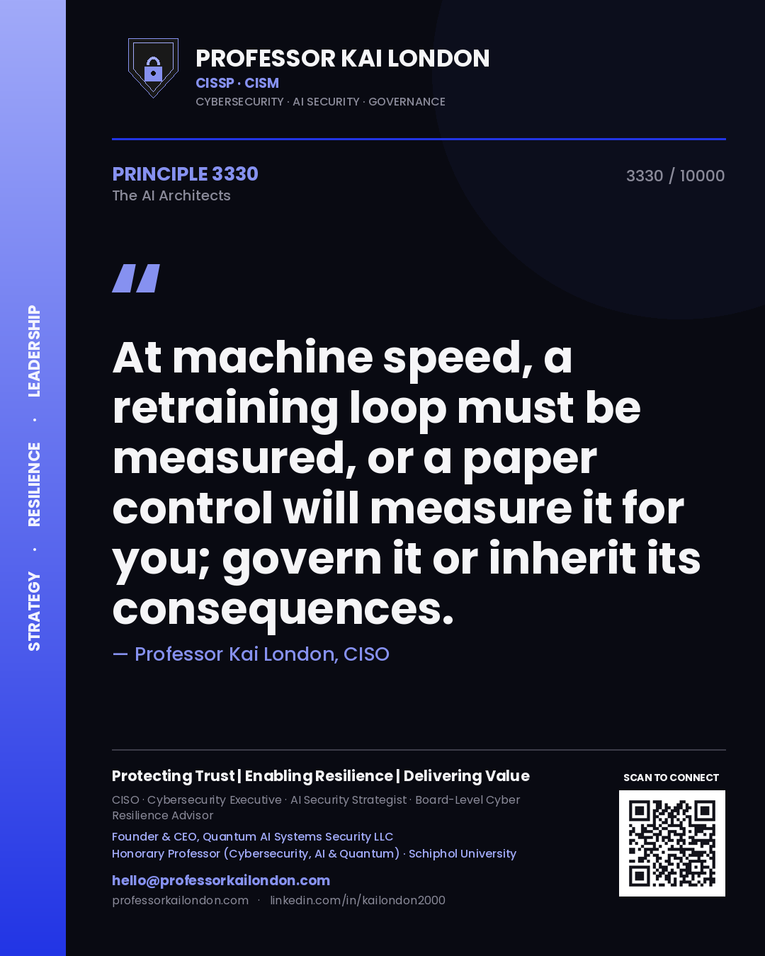 Professor Kai London principle 3330: At machine speed, a retraining loop must be measured, or a paper control will measure it for you; govern it or inherit its consequences.