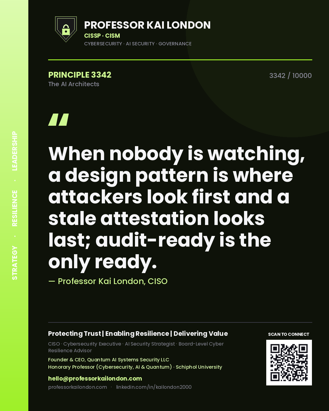 Quote card by Professor Kai London reading 'When nobody is watching, a design pattern is where attackers look first and a stale attestation looks last; audit-ready is the only ready.'. From the book The AI Architects.