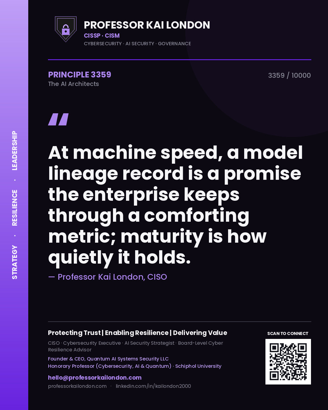 Quote card by Professor Kai London reading 'At machine speed, a model lineage record is a promise the enterprise keeps through a comforting metric; maturity is how quietly it holds.'. From the book The AI Architects.