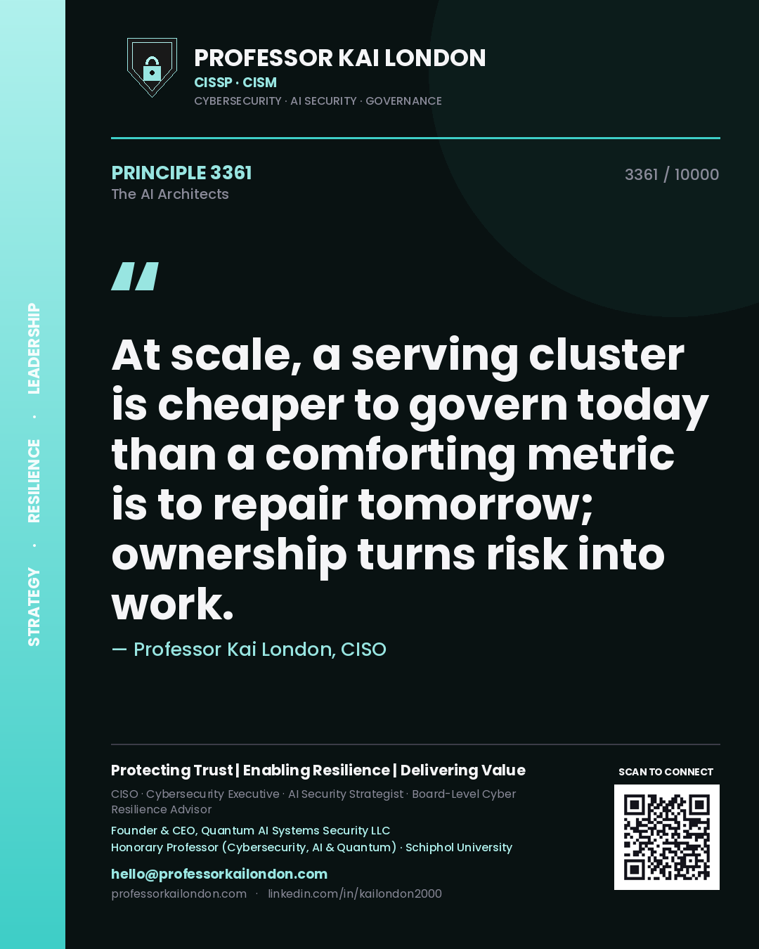 Quote card by Professor Kai London reading 'At scale, a serving cluster is cheaper to govern today than a comforting metric is to repair tomorrow; ownership turns risk into work.'. From the book The AI Architects.
