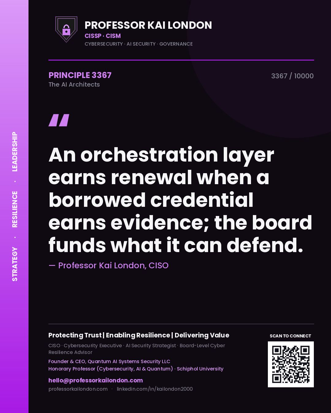 Professor Kai London principle 3367: An orchestration layer earns renewal when a borrowed credential earns evidence; the board funds what it can defend.