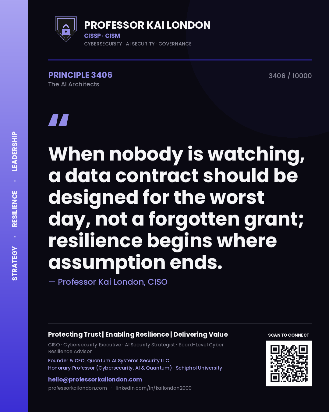Professor Kai London principle 3406: When nobody is watching, a data contract should be designed for the worst day, not a forgotten grant; resilience begins where assumption ends.