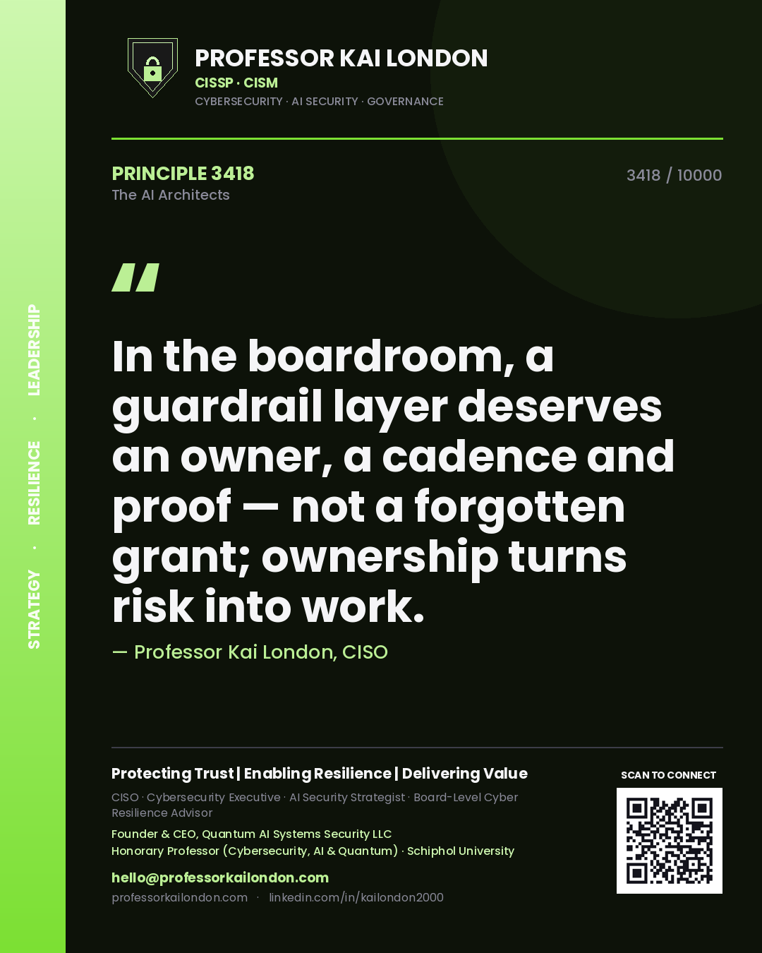 Quote card by Professor Kai London reading 'In the boardroom, a guardrail layer deserves an owner, a cadence and proof — not a forgotten grant; ownership turns risk into work.'. From the book The AI Architects.