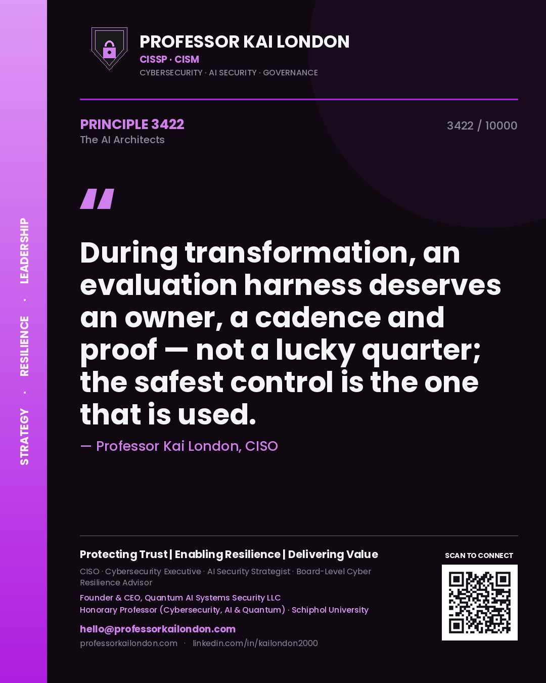 Professor Kai London principle 3422: During transformation, an evaluation harness deserves an owner, a cadence and proof — not a lucky quarter; the safest control is the one that is used.
