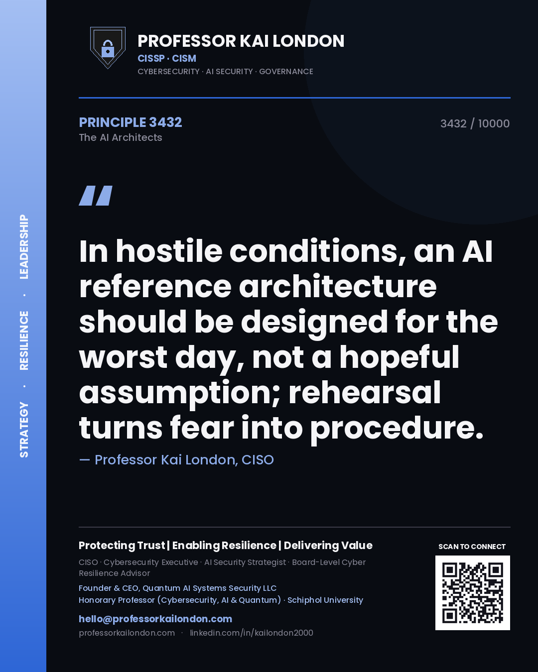 Professor Kai London principle 3432: In hostile conditions, an AI reference architecture should be designed for the worst day, not a hopeful assumption; rehearsal turns fear into procedure.