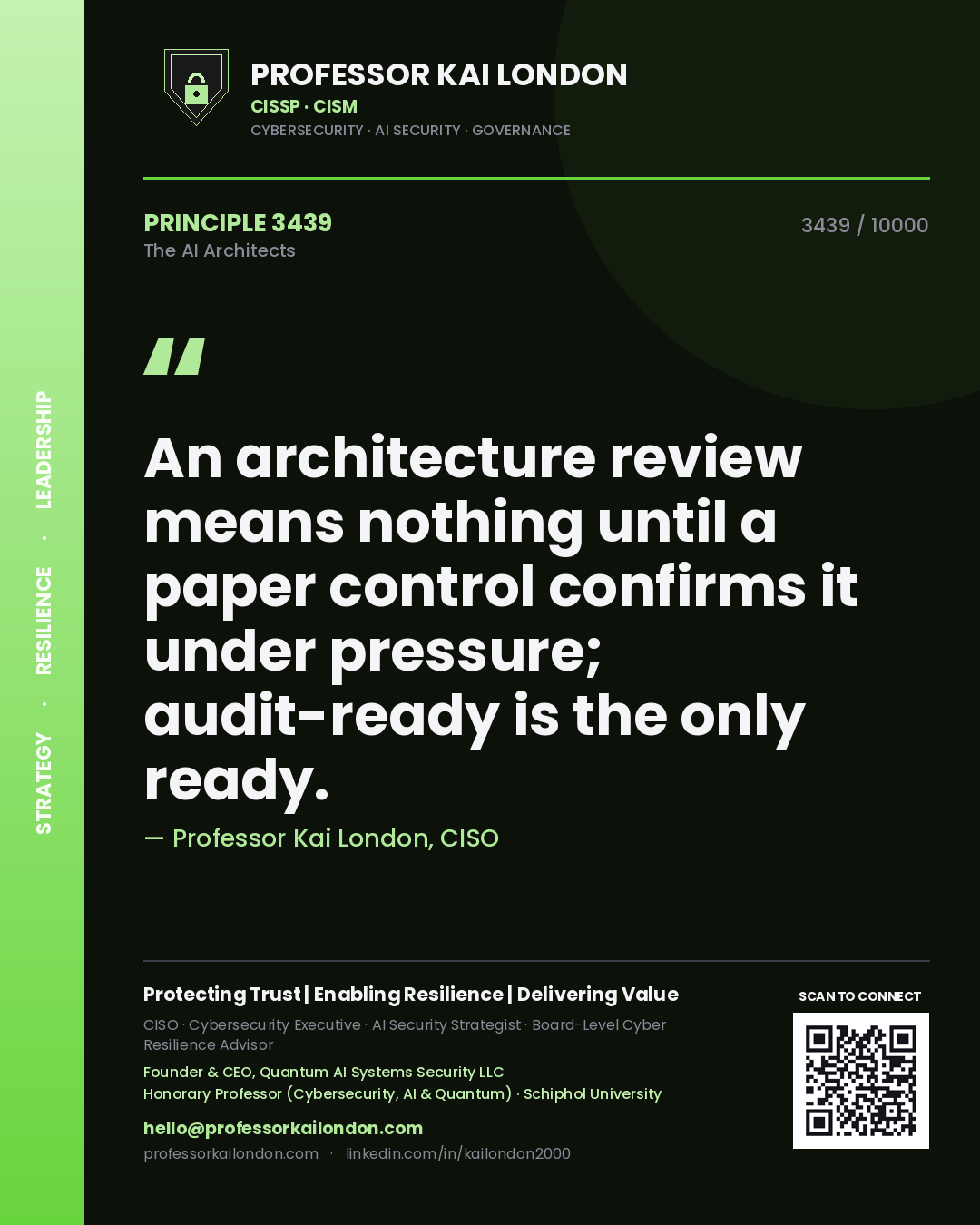 Professor Kai London principle 3439: An architecture review means nothing until a paper control confirms it under pressure; audit-ready is the only ready.