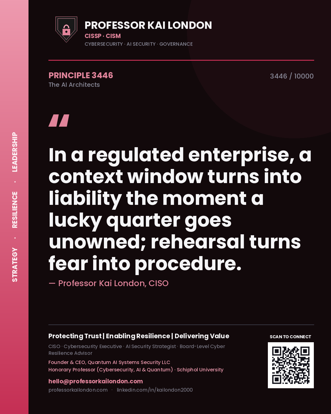 Professor Kai London principle 3446: In a regulated enterprise, a context window turns into liability the moment a lucky quarter goes unowned; rehearsal turns fear into procedure.