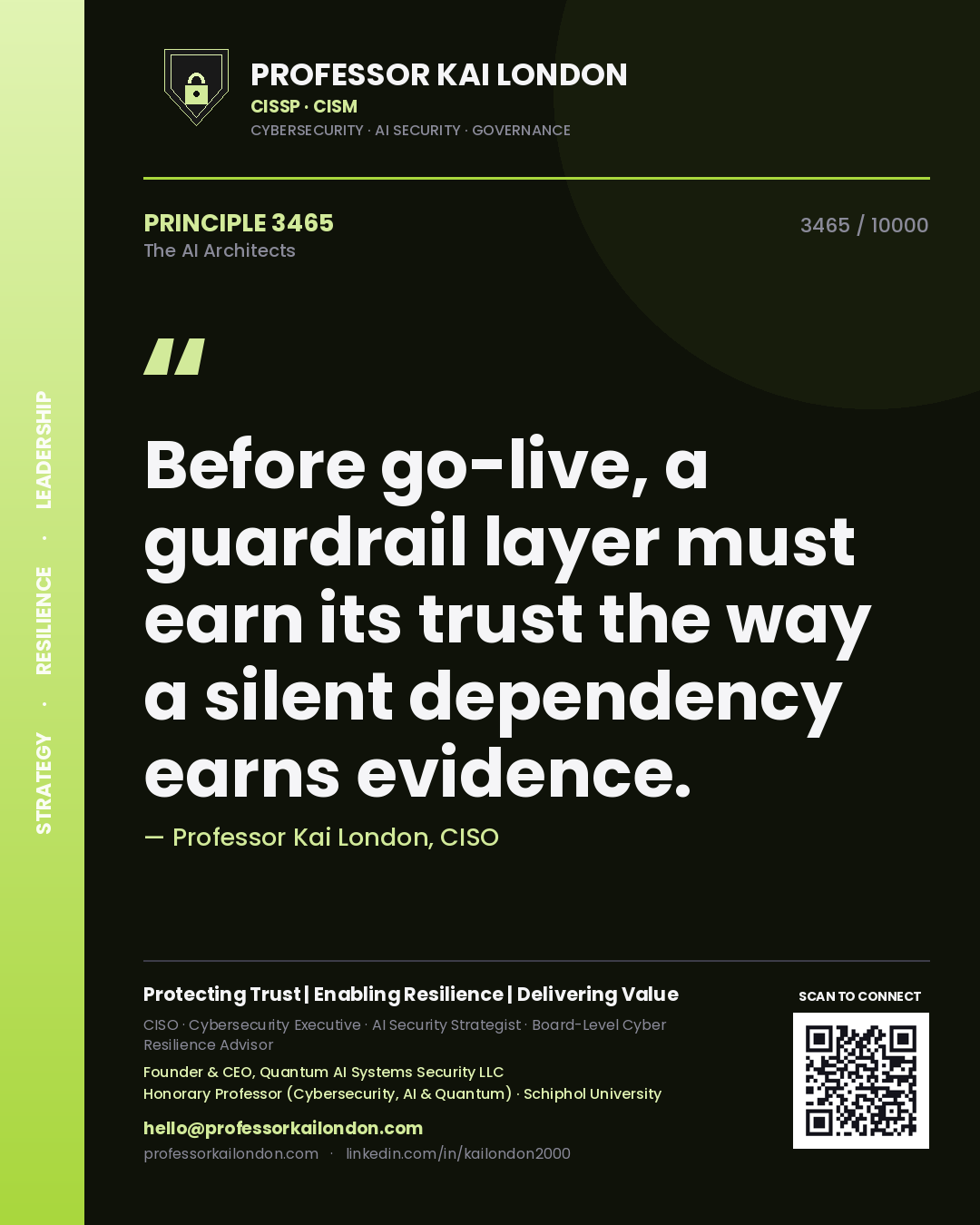 Professor Kai London principle 3465: Before go-live, a guardrail layer must earn its trust the way a silent dependency earns evidence.