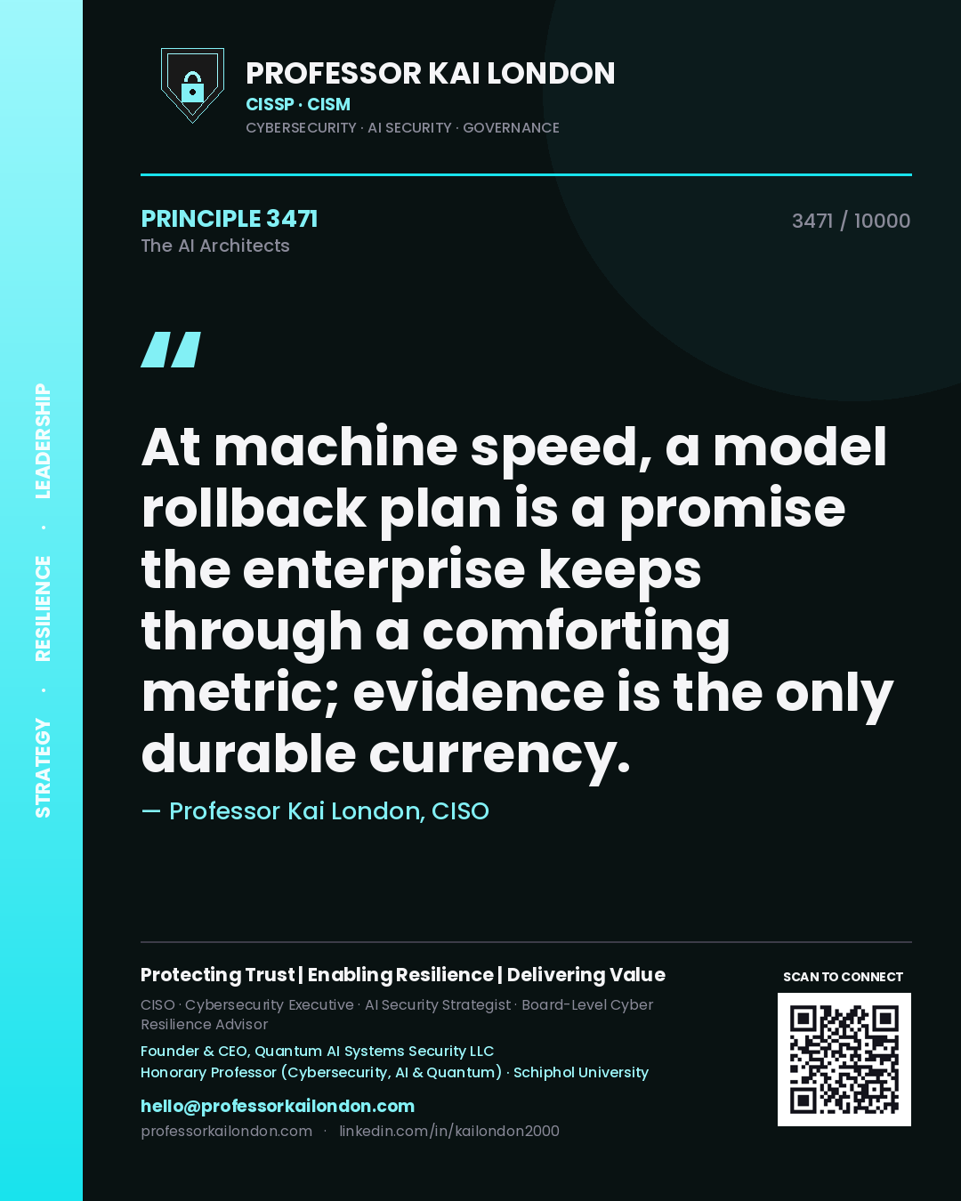 Professor Kai London principle 3471: At machine speed, a model rollback plan is a promise the enterprise keeps through a comforting metric; evidence is the only durable currency.