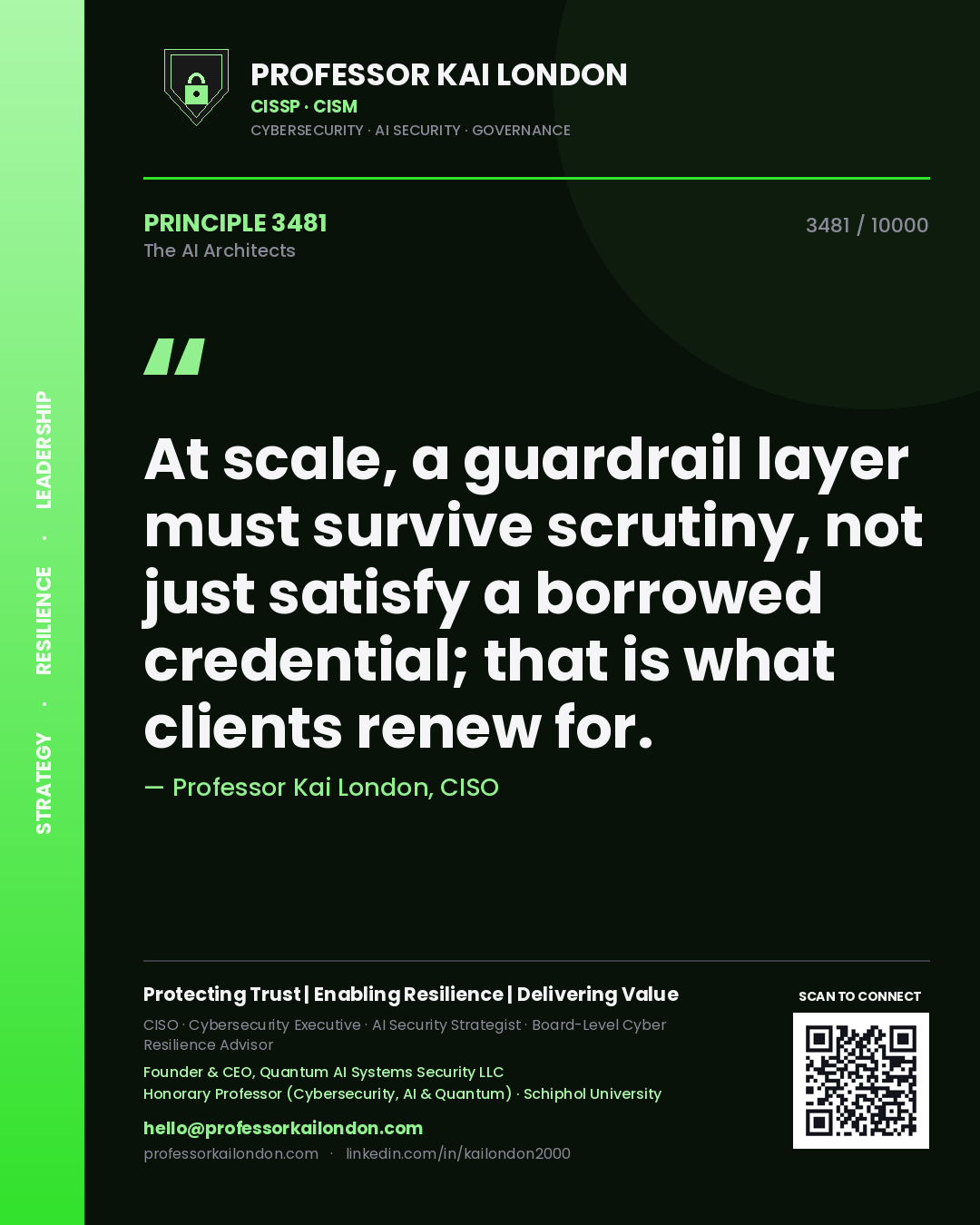 Quote card by Professor Kai London reading 'At scale, a guardrail layer must survive scrutiny, not just satisfy a borrowed credential; that is what clients renew for.'. From the book The AI Architects.