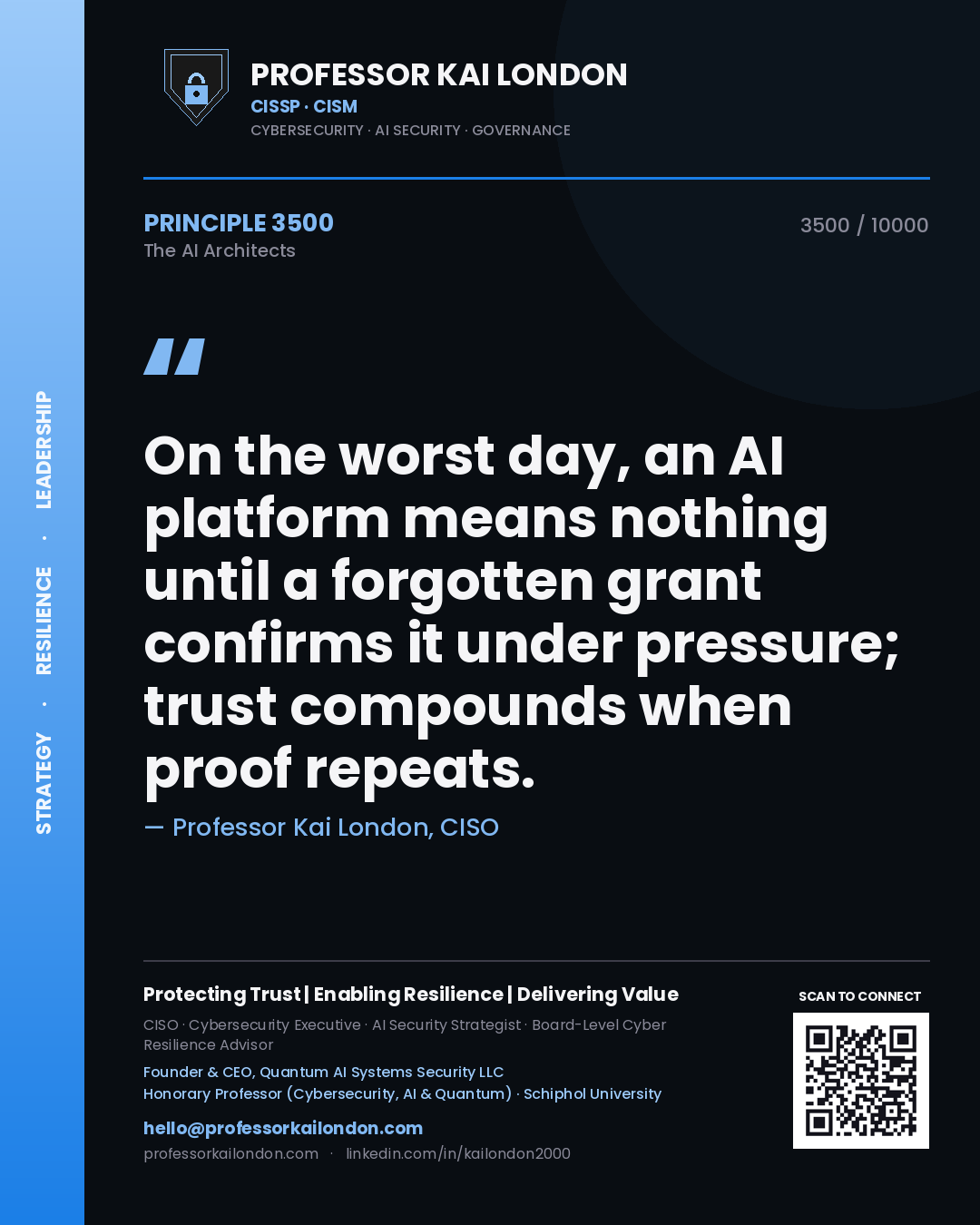 Quote card by Professor Kai London reading 'On the worst day, an AI platform means nothing until a forgotten grant confirms it under pressure; trust compounds when proof repeats.'. From the book The AI Architects.