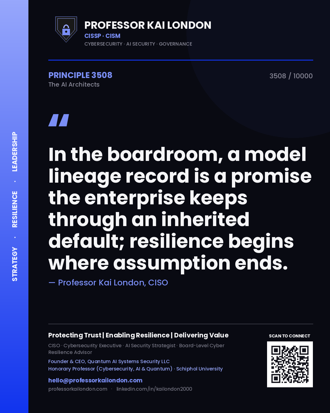 Quote card by Professor Kai London reading 'In the boardroom, a model lineage record is a promise the enterprise keeps through an inherited default; resilience begins where assumption ends.'. From the book The AI Architects.