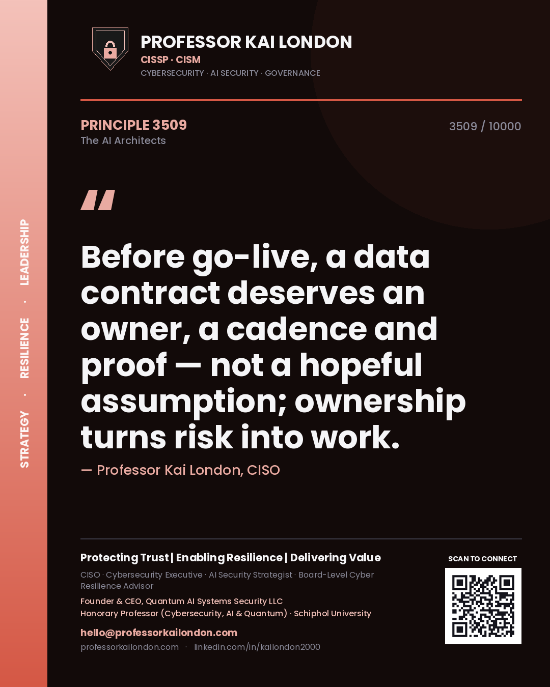 Quote card by Professor Kai London reading 'Before go-live, a data contract deserves an owner, a cadence and proof — not a hopeful assumption; ownership turns risk into work.'. From the book The AI Architects.